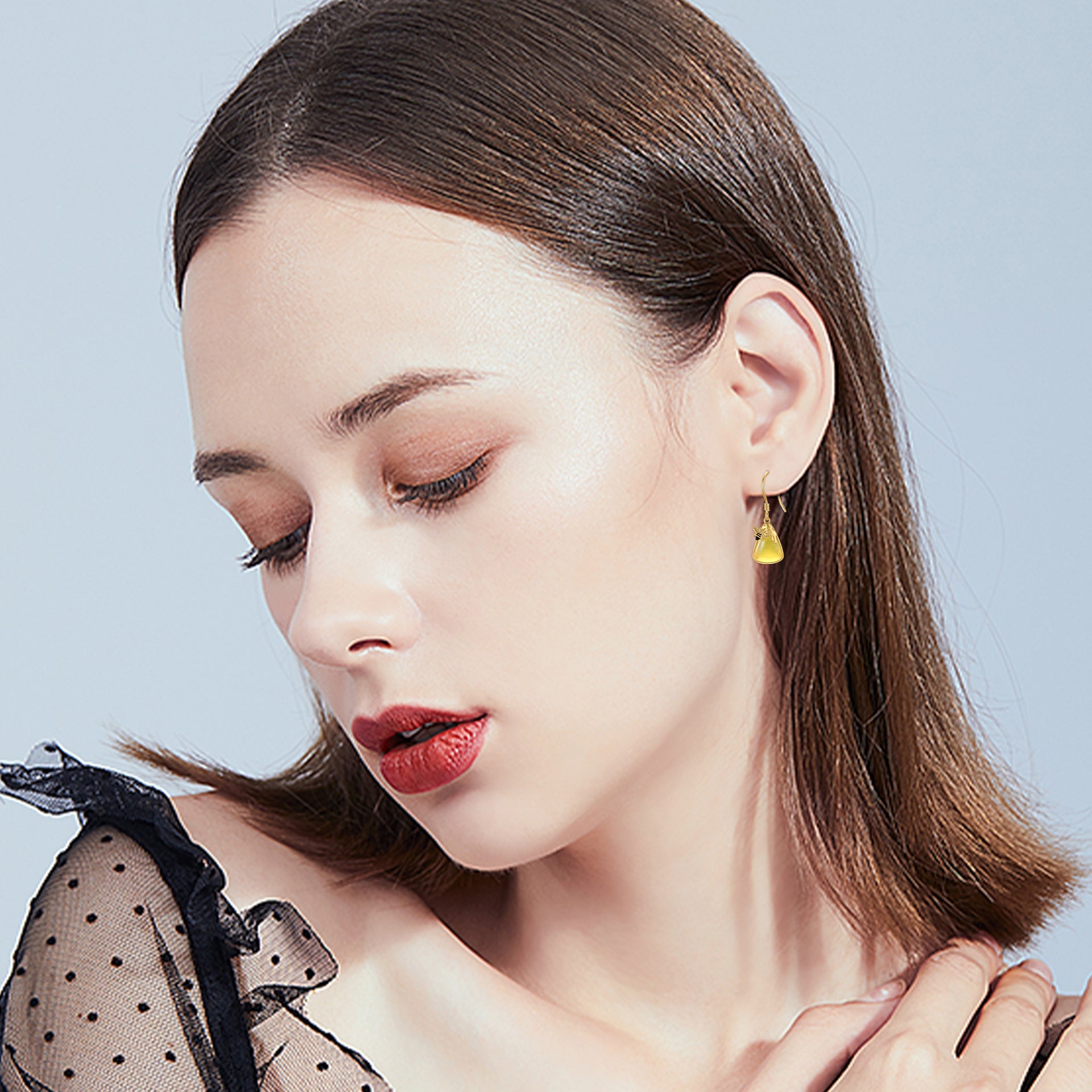 14K Gold Amber Bee & Triangle Drop Earrings for Women