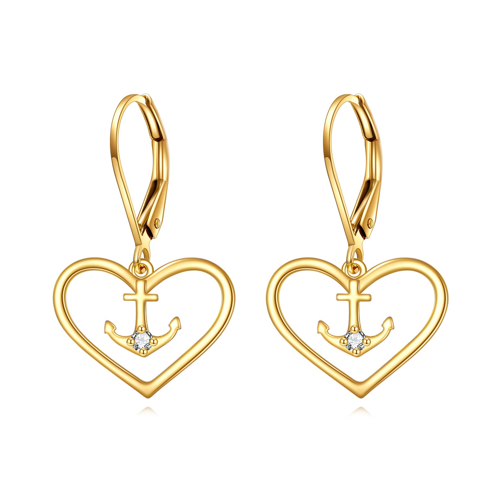 14K Gold Cubic Zirconia Anchor & Heart Lever-back Earrings