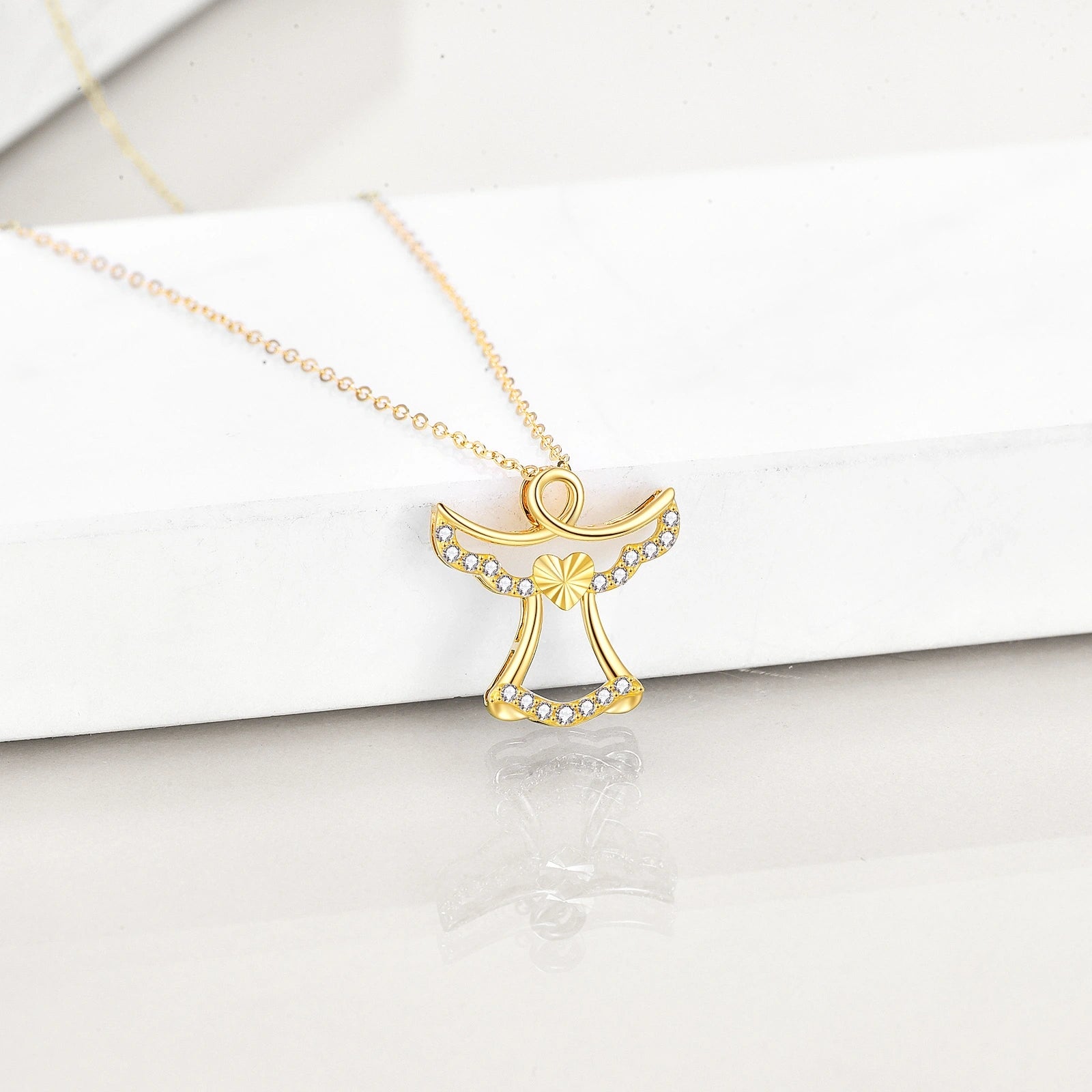 14K Gold Cubic Zirconia Angel Pendant Necklace
