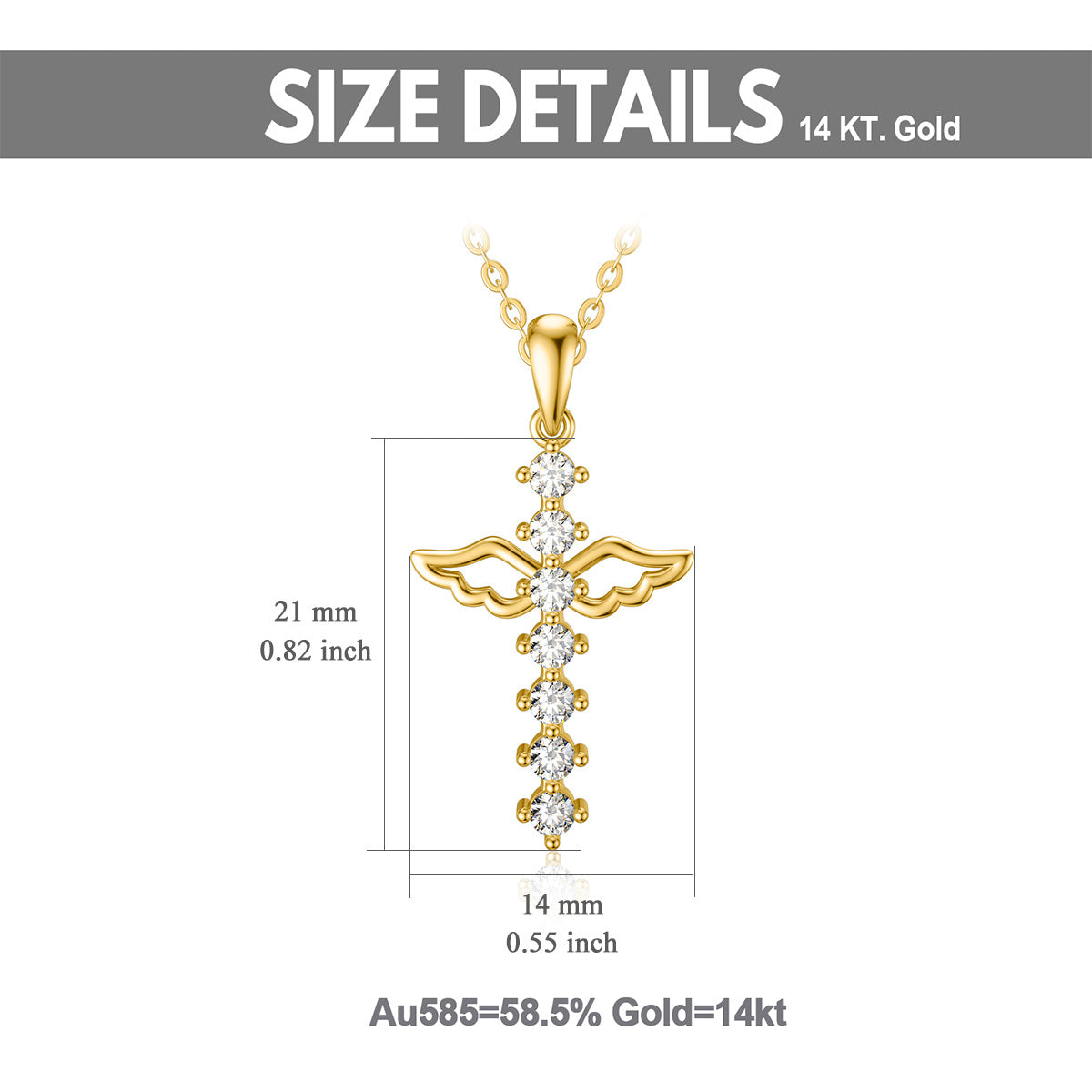 14K Gold Cubic Zirconia Angel Wing & Cross Pendant Necklace