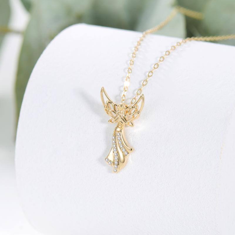 14K Gold Cubic Zirconia Angel Wing & Fairy Pendant Necklace