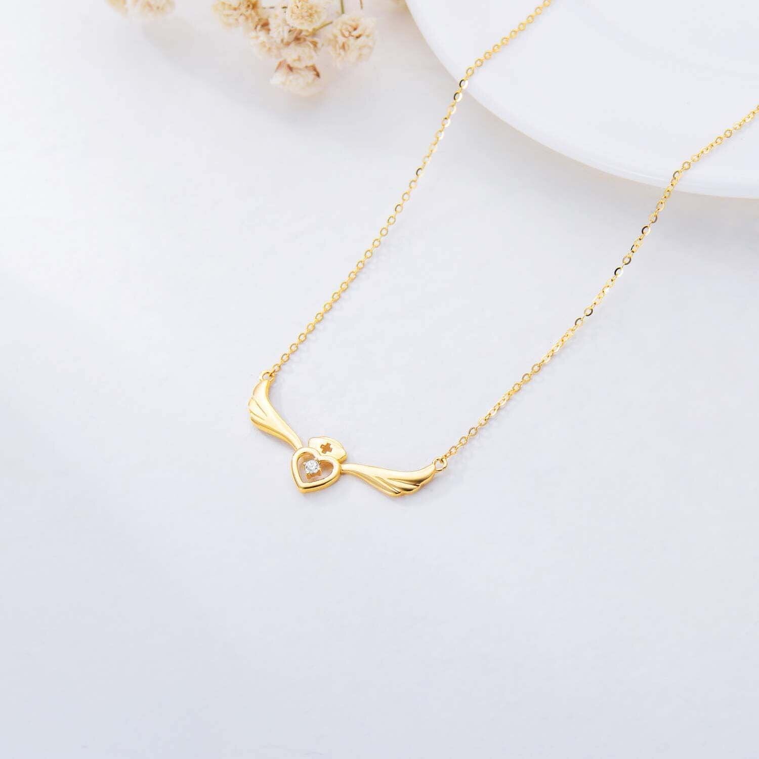 14K Gold Cubic Zirconia Angel Wing & Heart Necklace for Women
