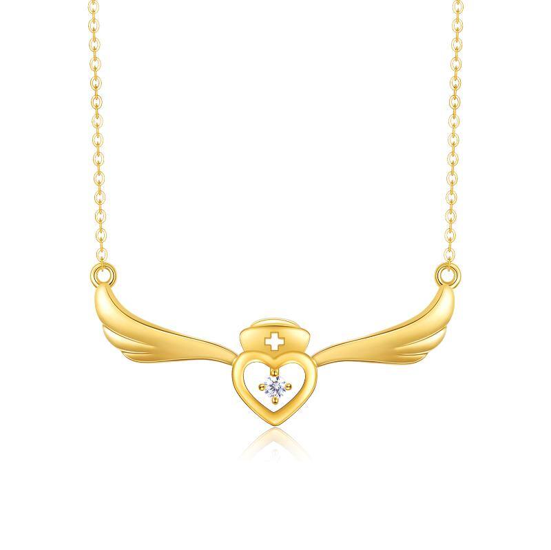 14K Gold Cubic Zirconia Angel Wing & Heart Pendant Necklace