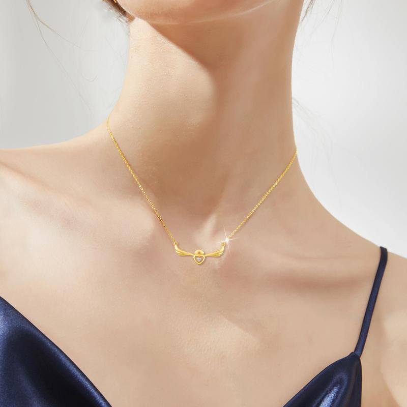 14K Gold Cubic Zirconia Angel Wing & Heart Pendant Necklace