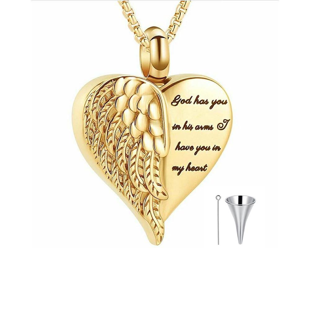 14K Gold Personalized Engraving & Angel Wing & Heart Urn Necklace for Ashes