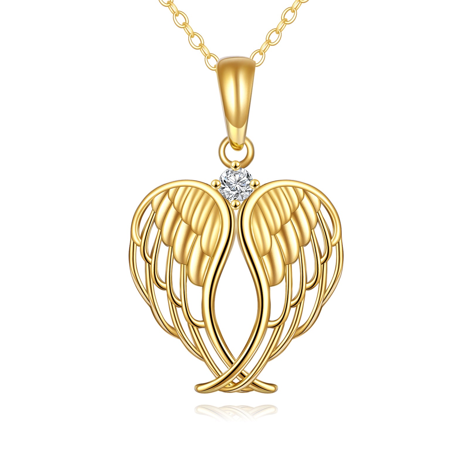 14K Gold Cubic Zirconia Angel Wings Heart Shaped Pendant Necklace