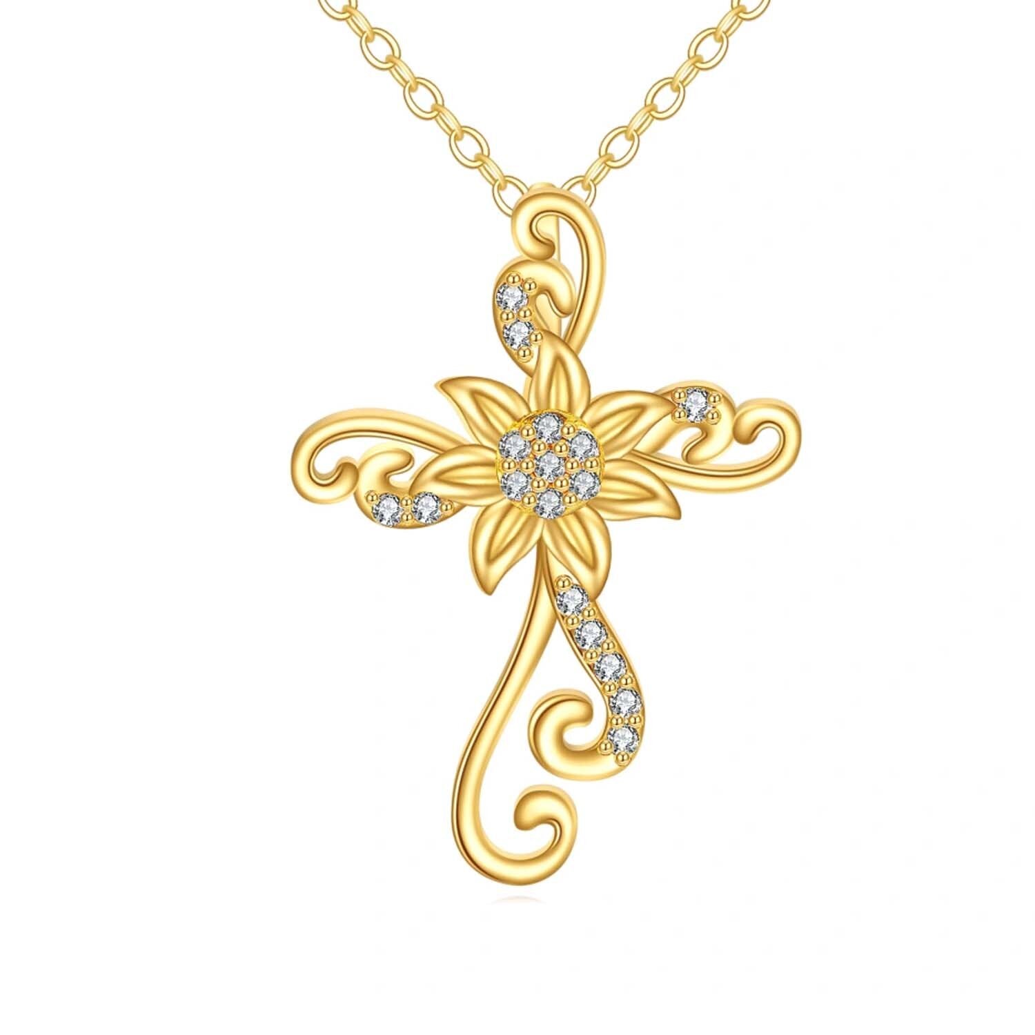 14K Gold Cubic Zirconia Sunflower & Cross Necklace for Women