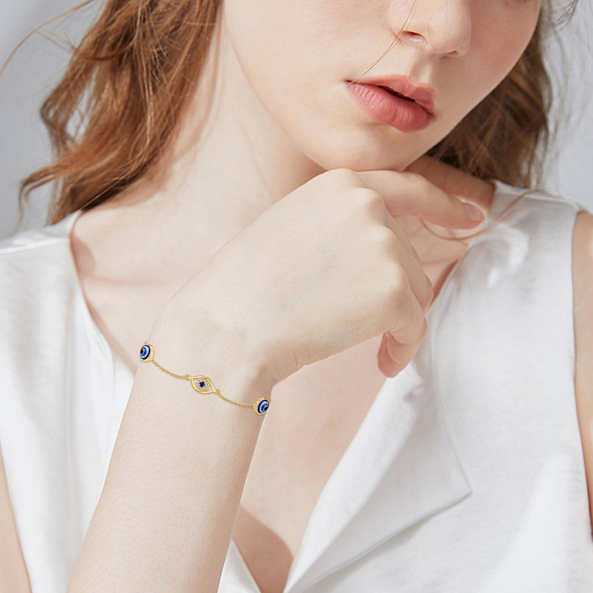 14K Gold Aquamarine & Moissanite Evil Eye Bracelet for Women