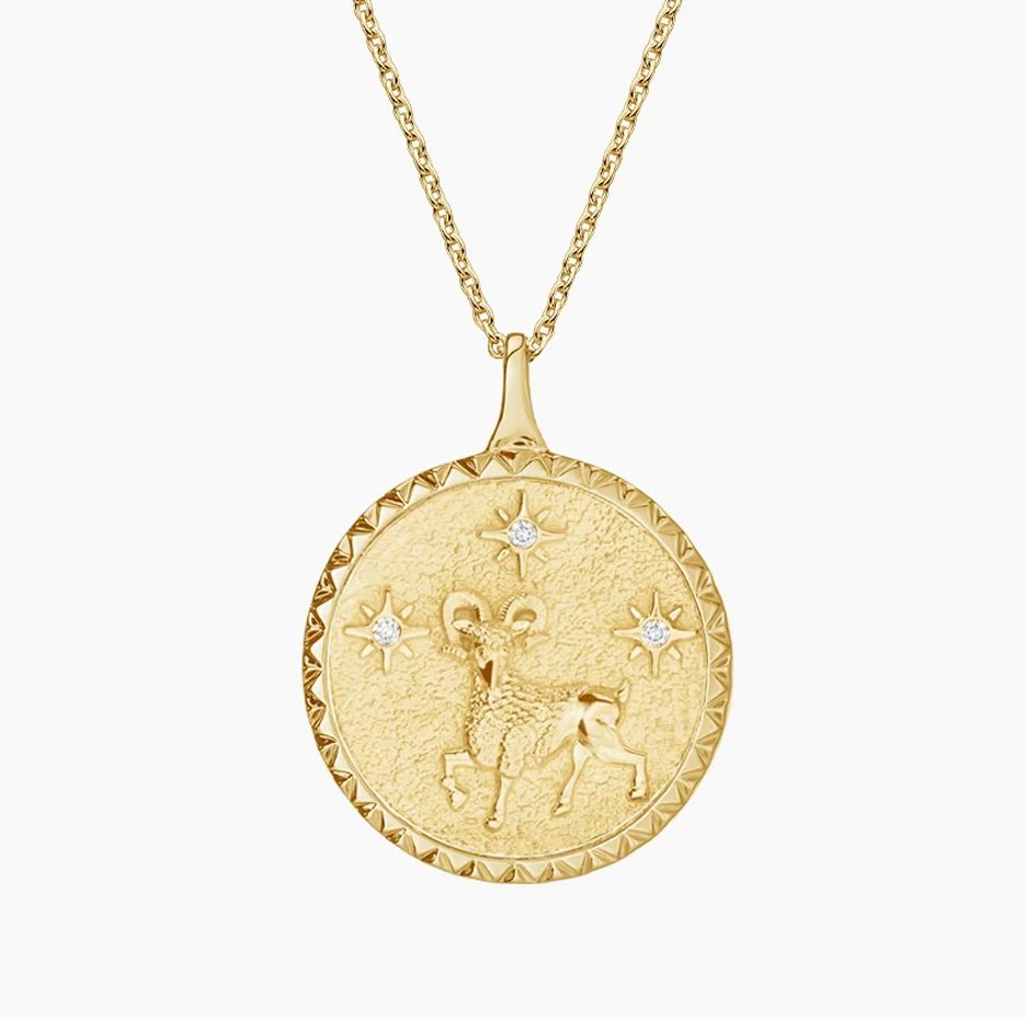 14K Gold Aries Zodiac Sign Diamond Medallion Pendant Necklace