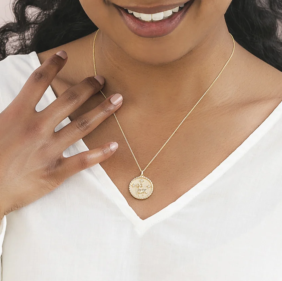 14K Gold Aries Zodiac Sign Diamond Medallion Pendant Necklace