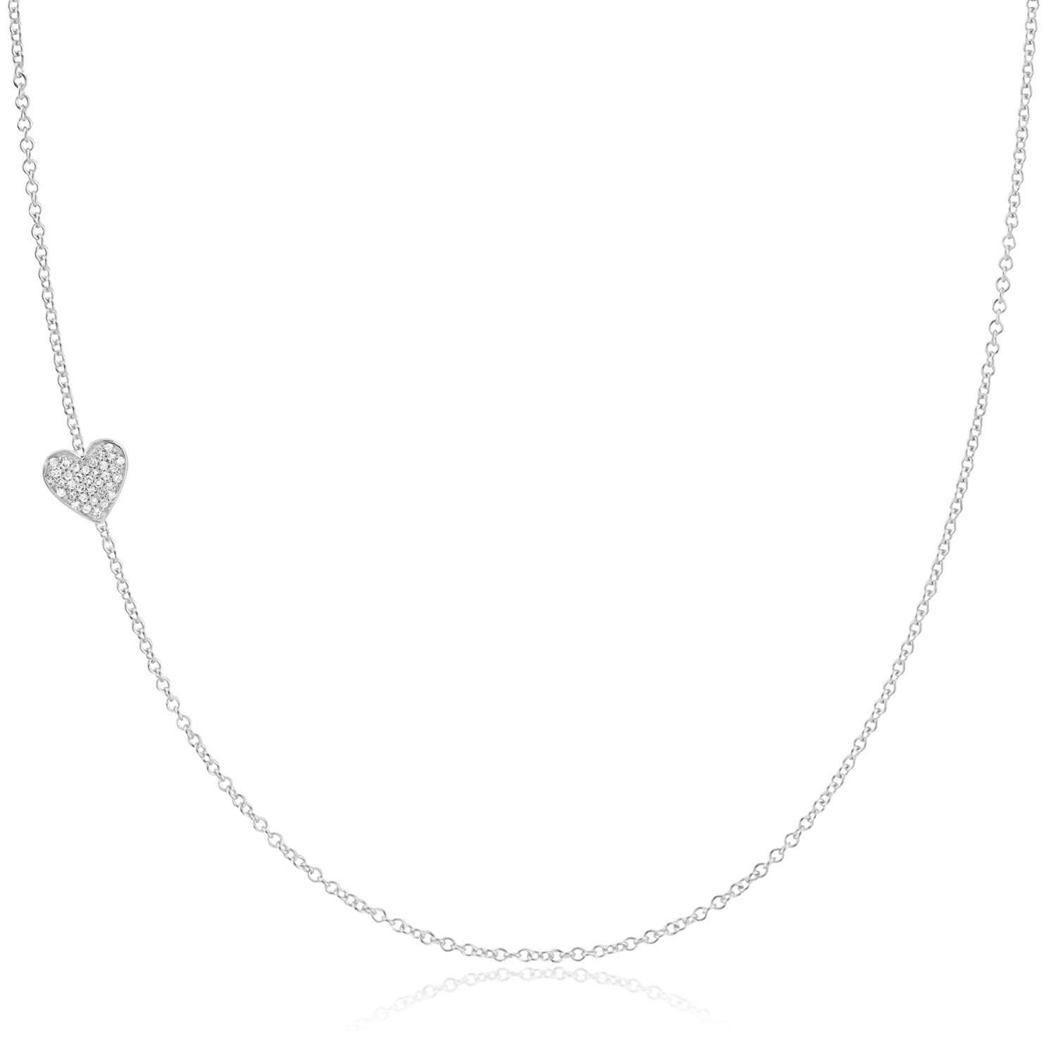 14K Gold Asymmetrical Charm Necklace - White Gold - Pavé Heart