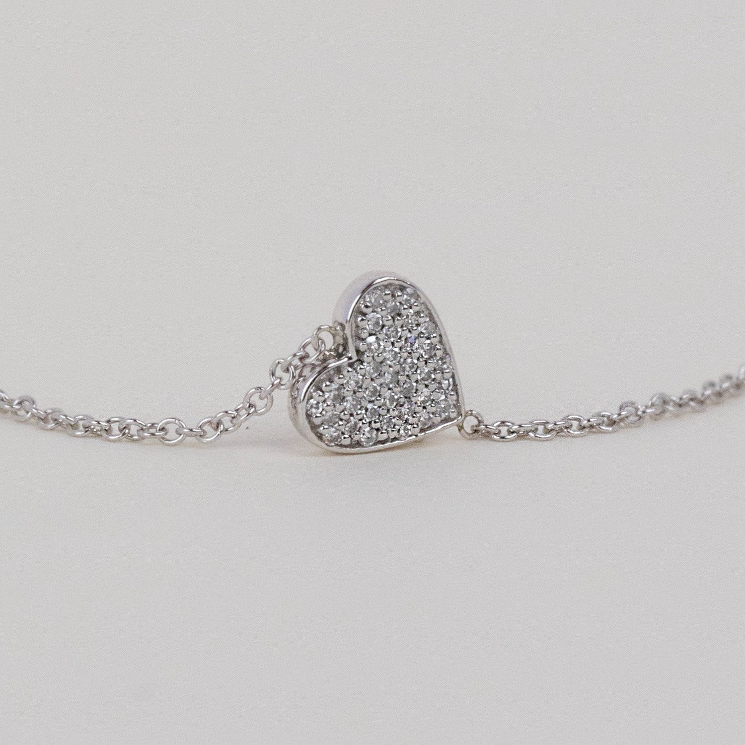 14K Gold Asymmetrical Charm Necklace - White Gold - Pavé Heart