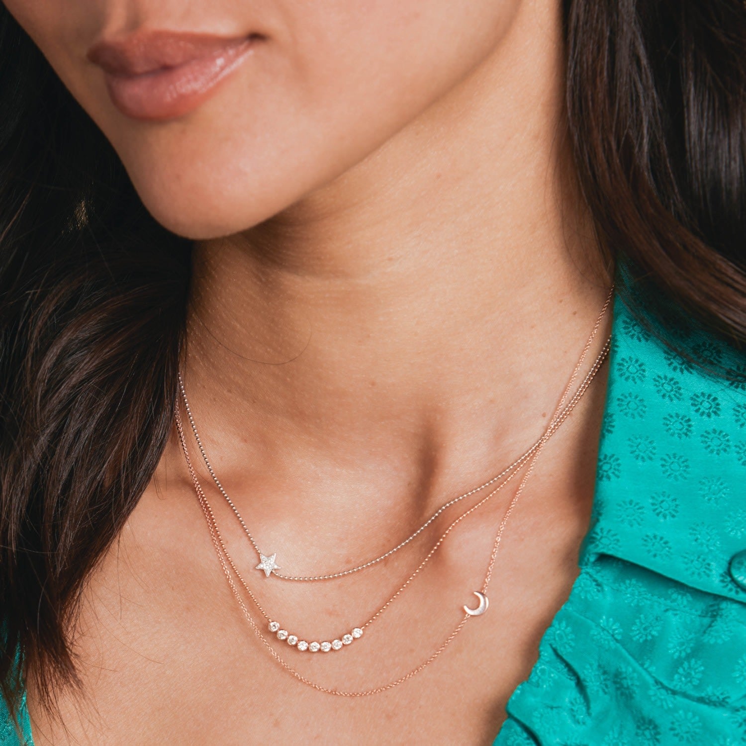 14K Gold Asymmetrical Charm Necklace - White Gold - Pavé Star