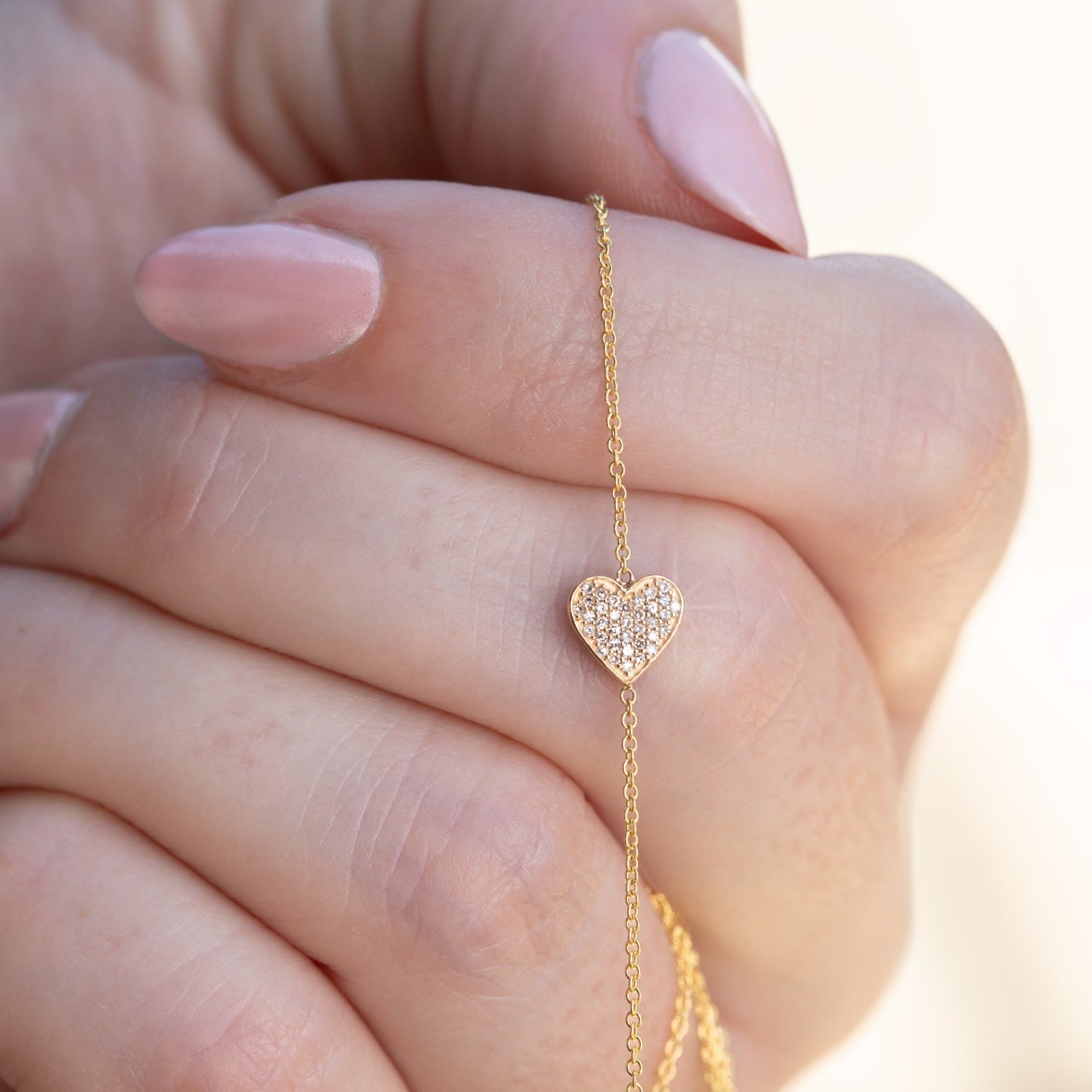 14K Gold Asymmetrical Charm Necklace - Yellow Gold - Pavé Heart
