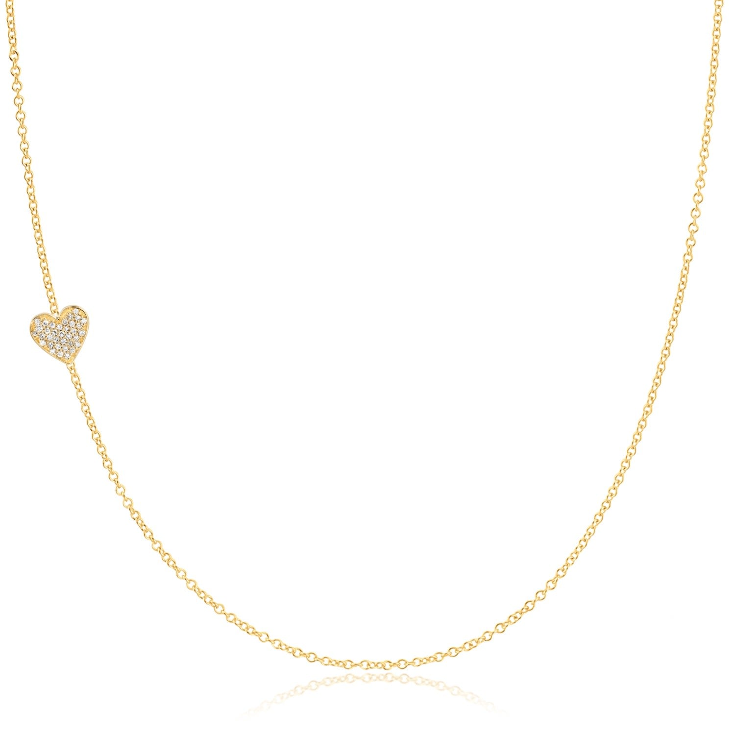 14K Gold Asymmetrical Charm Necklace - Yellow Gold - Pavé Heart
