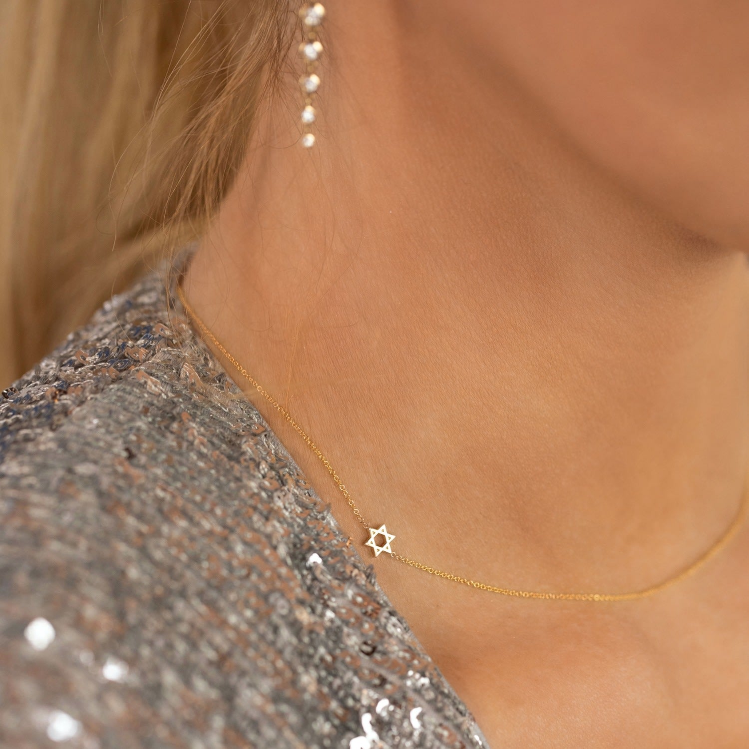 14K Gold Asymmetrical Charm Necklace - Yellow Gold - Star Of David - 18"