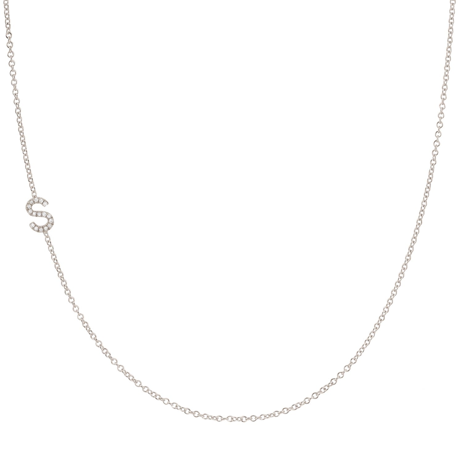 14K Gold Asymmetrical Pavé Letter Necklace - White Gold - 18"