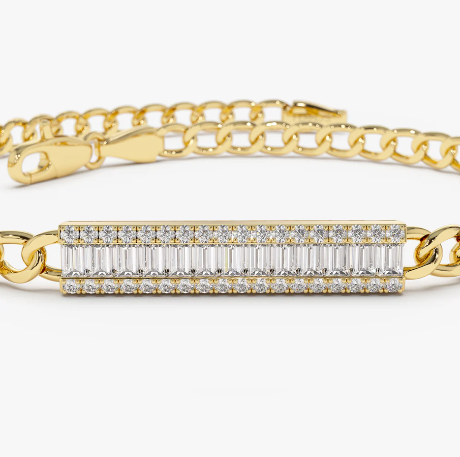 14K Gold Baguette Diamond Bar Cuban Link Bracelet