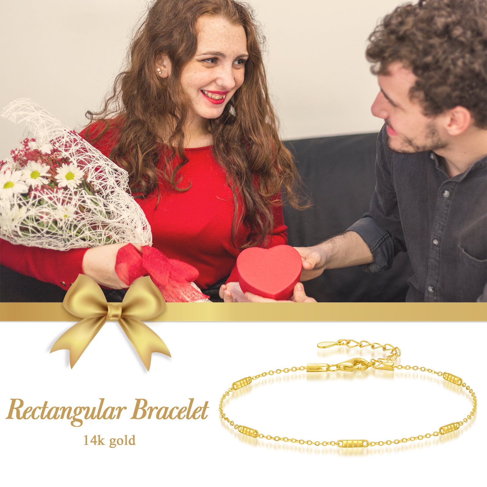 14K Gold Bar & Square Charm Bracelet