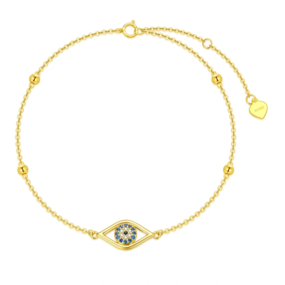 14K Gold Cubic Zirconia Bead & Evil Eye Charm Bracelet