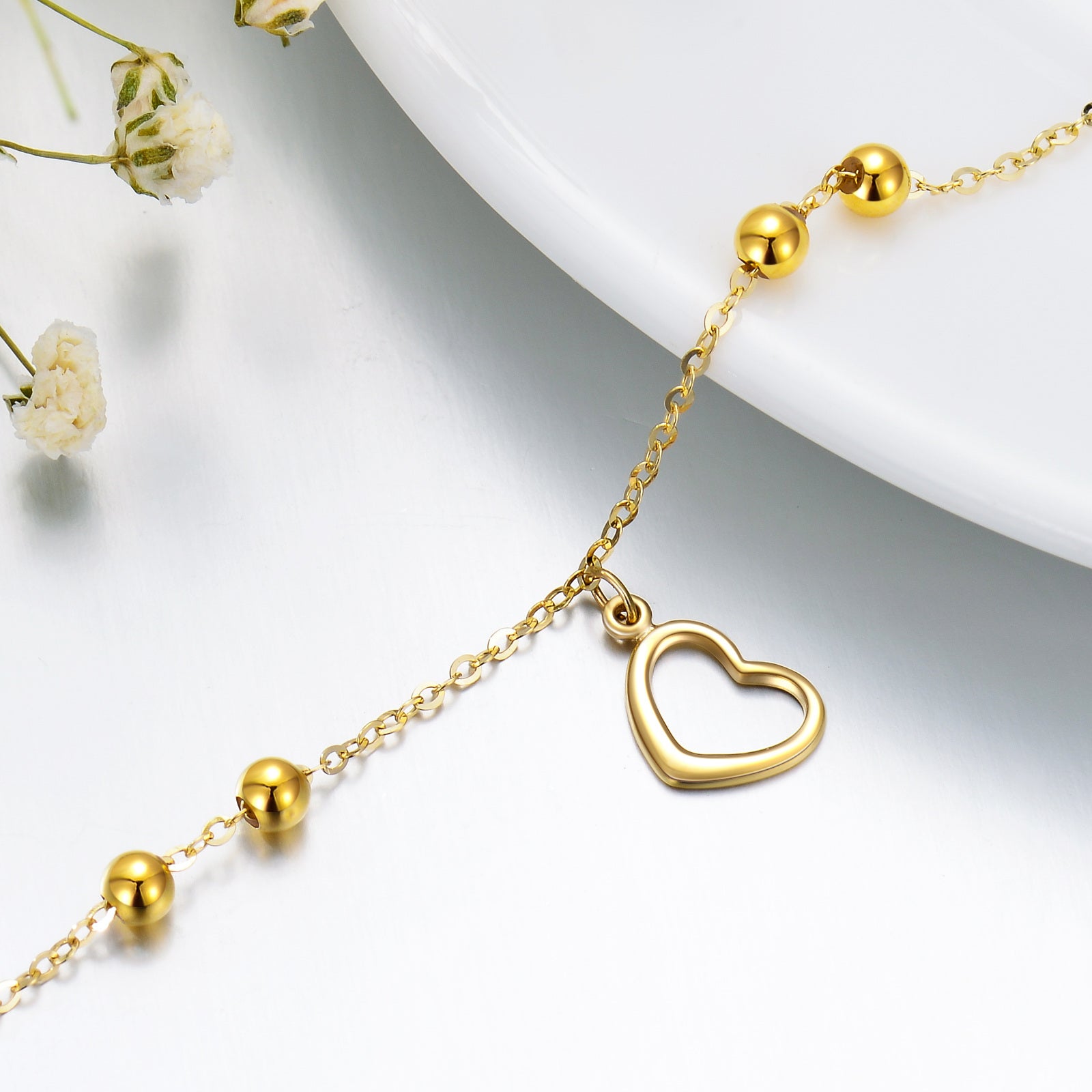 14K Gold Bead & Heart Bracelet for Women