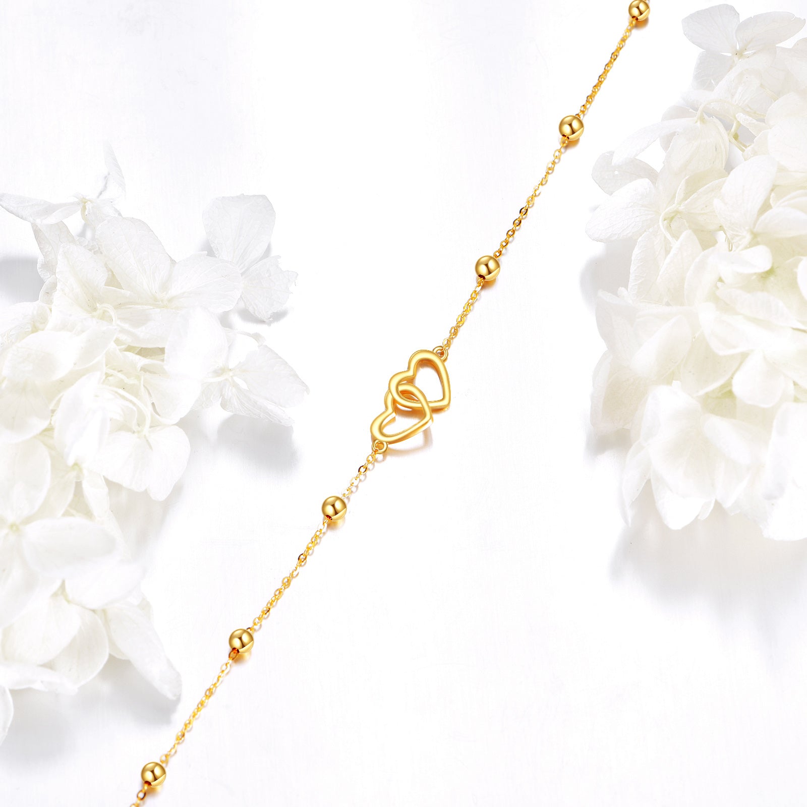 14K Gold Bead & Heart With Heart Charm Bracelet