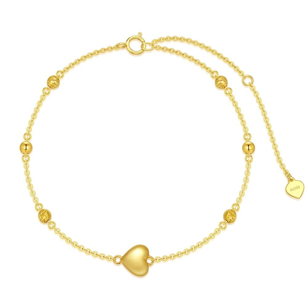 14K Gold Bead & Heart Charm Bracelet