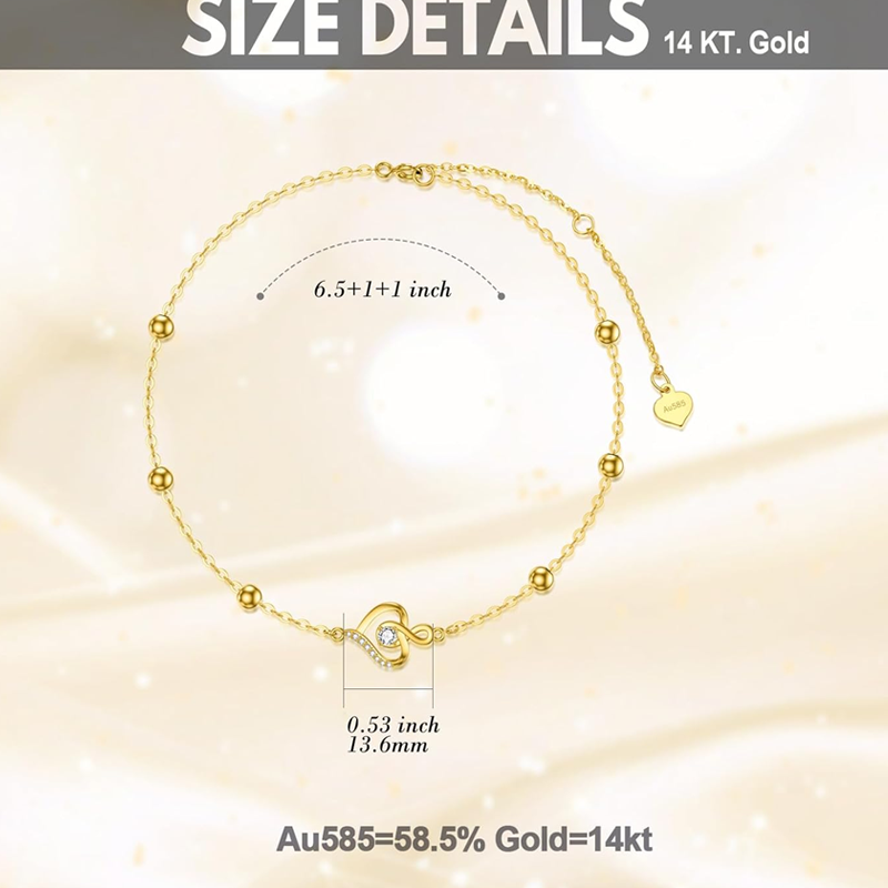 14K Gold Cubic Zirconia Bead & Heart & Infinity Symbol Bracelet for Women