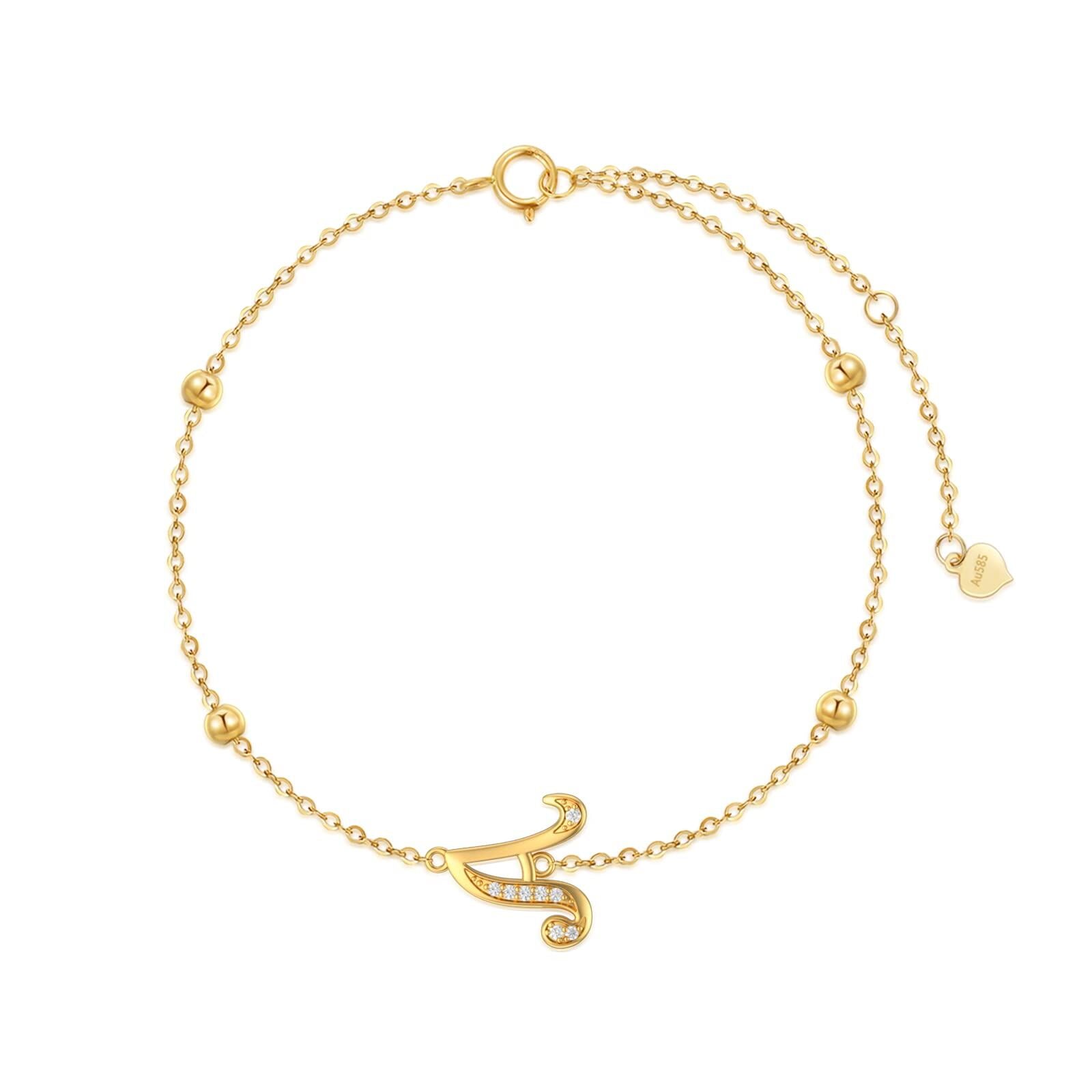 14K Gold Cubic Zirconia Bead Charm Bracelet with Initial Letter A