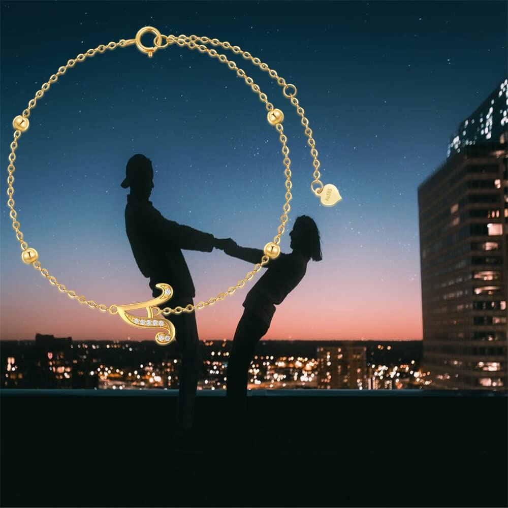 14K Gold Cubic Zirconia Bead Charm Bracelet with Initial Letter A