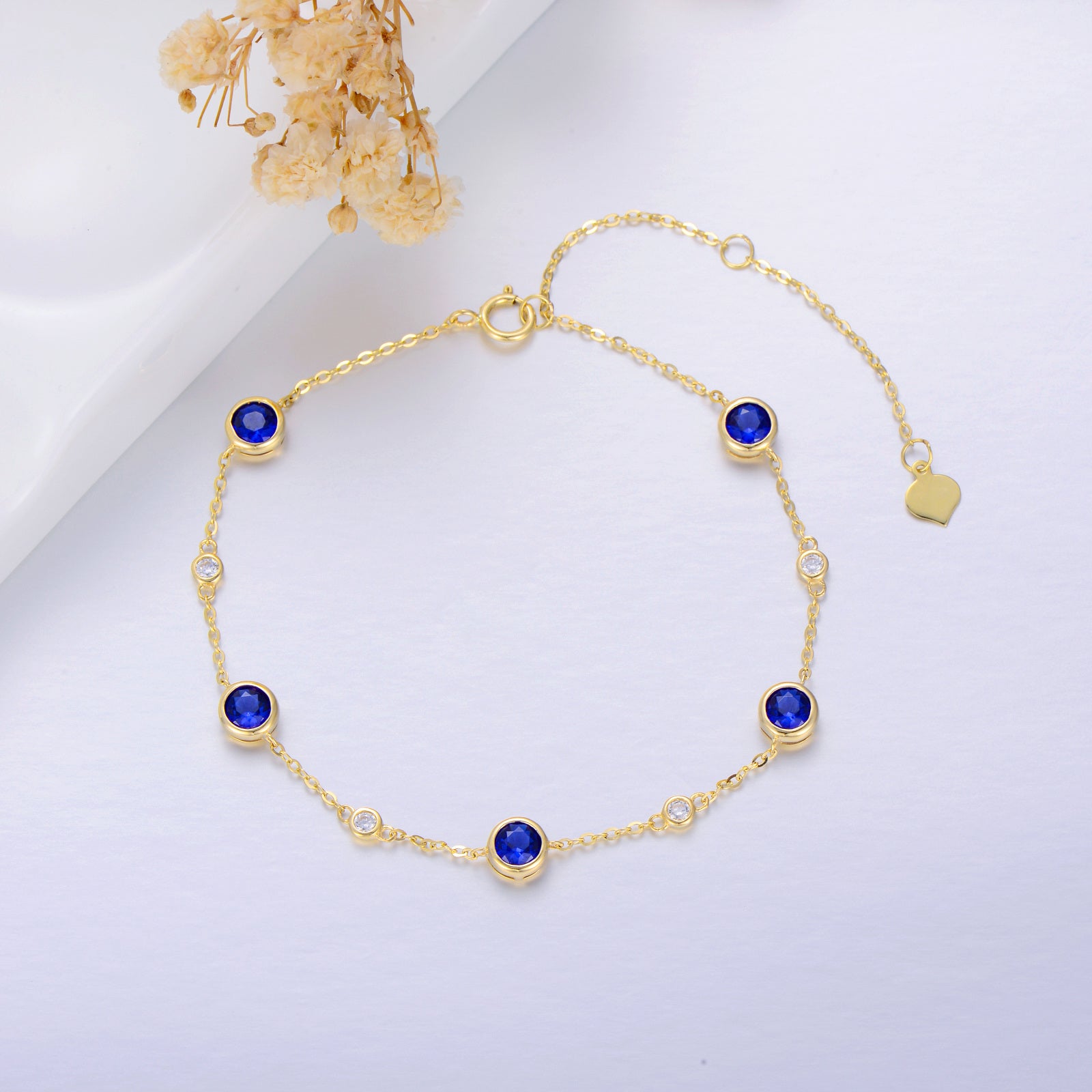 14K Gold Cubic Zirconia Bead Station Chain Bracelet