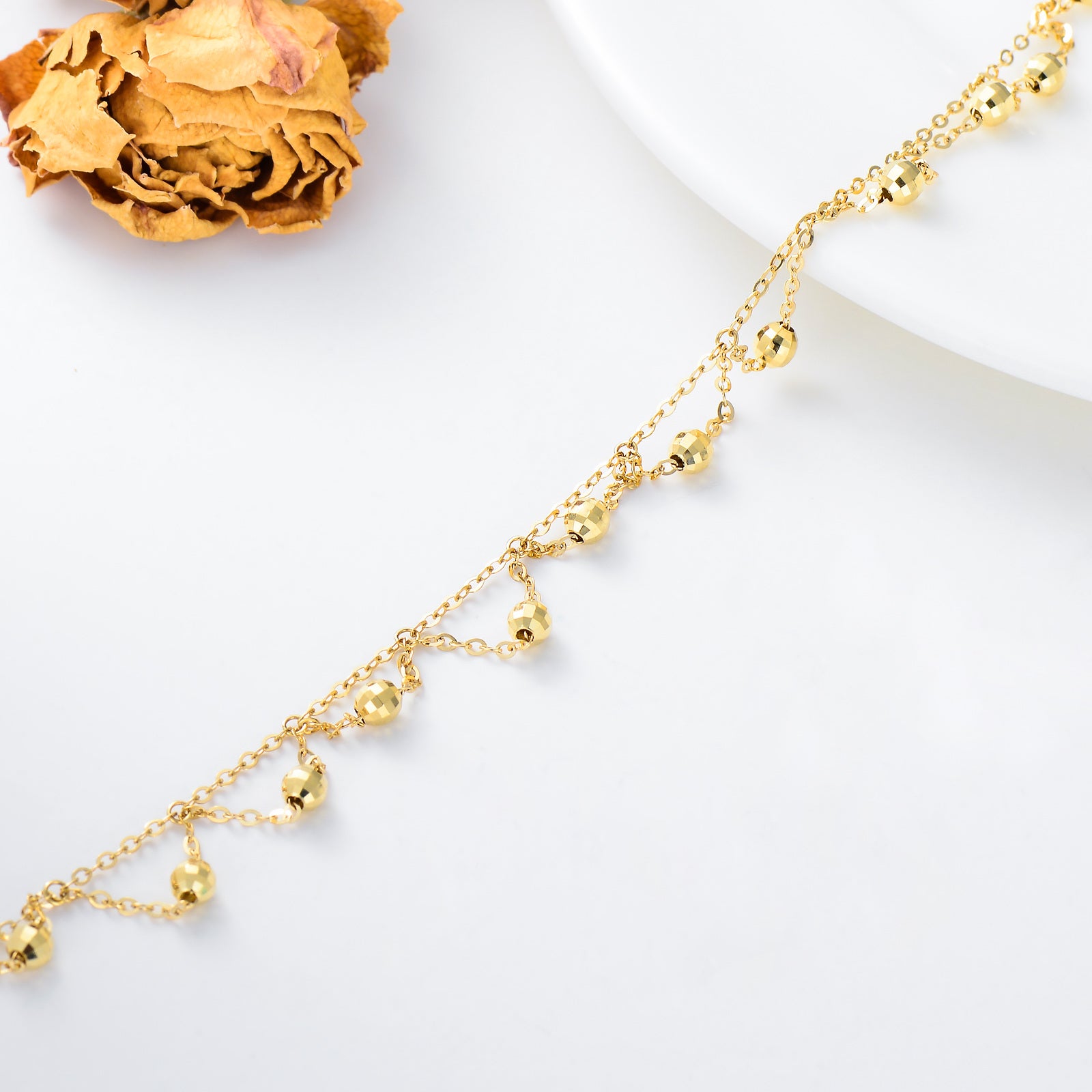 14K Gold Bead Bead Station Chain Necklace For Women