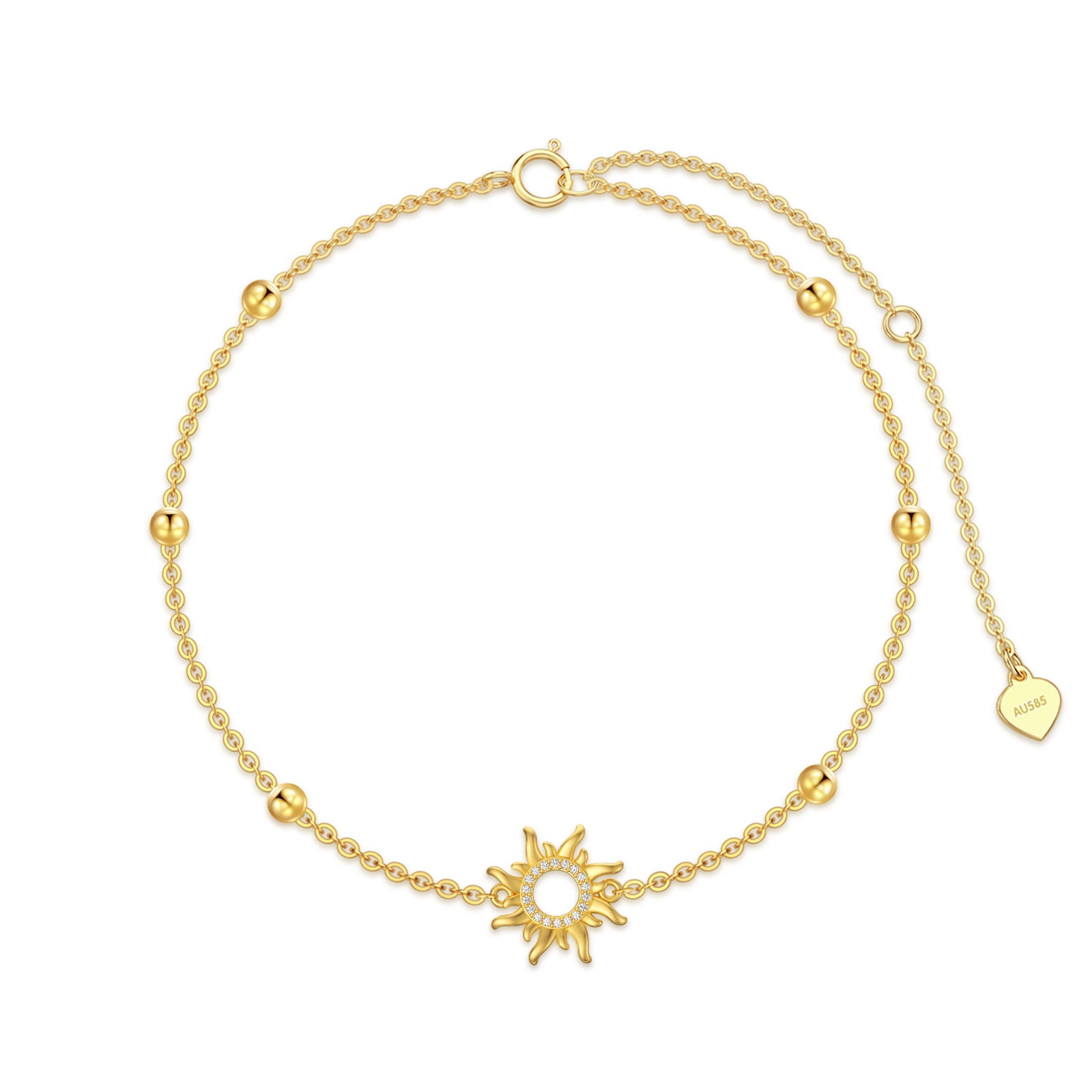 14K Gold Cubic Zirconia Bead & Sun Charm Bracelet