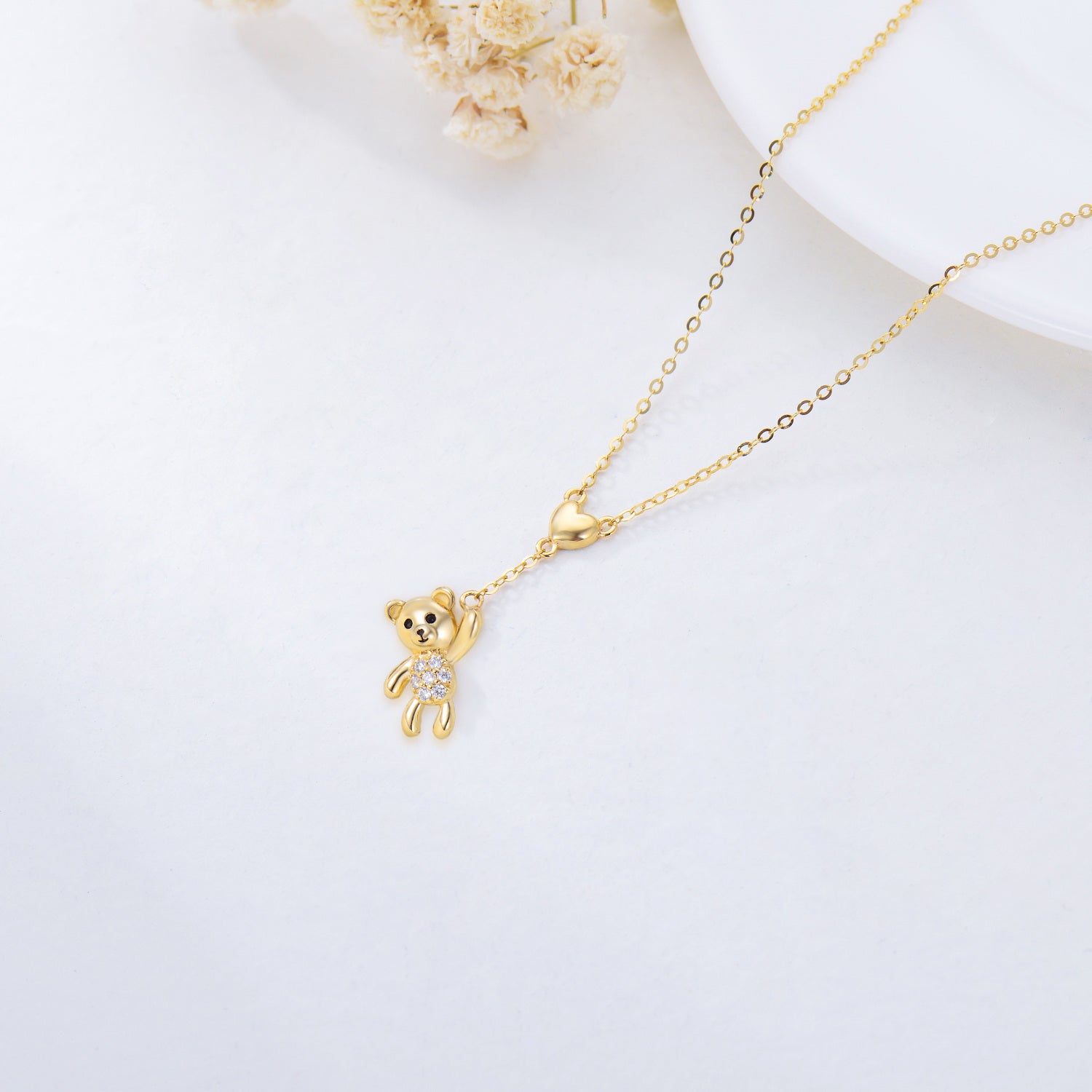 14K Gold Cubic Zirconia Bear & Heart Pendant Necklace