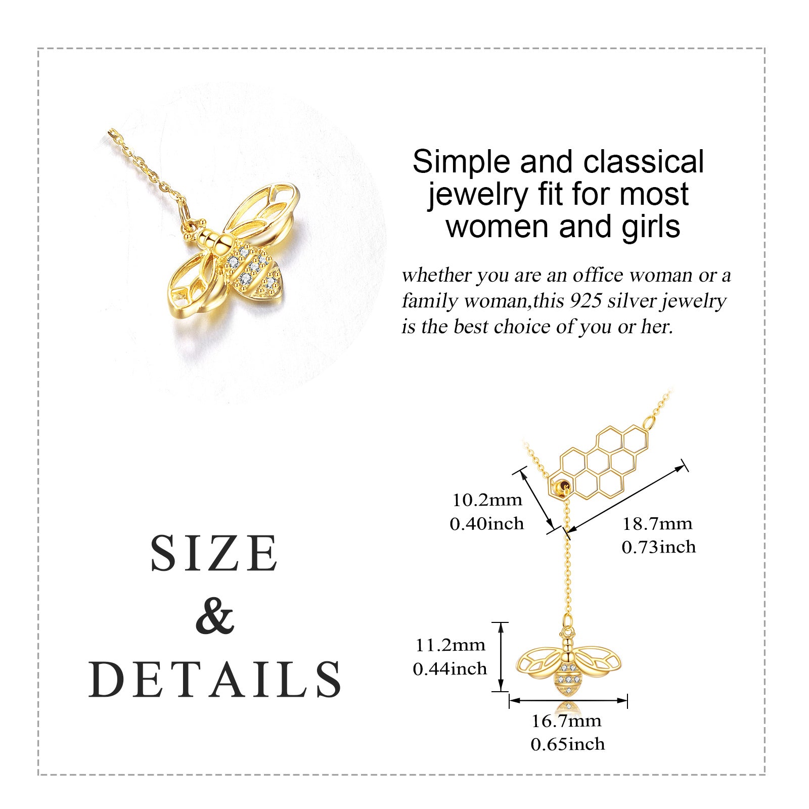 14K Gold Cubic Zirconia Bee & Honeycomb Non-adjustable Y-Necklace