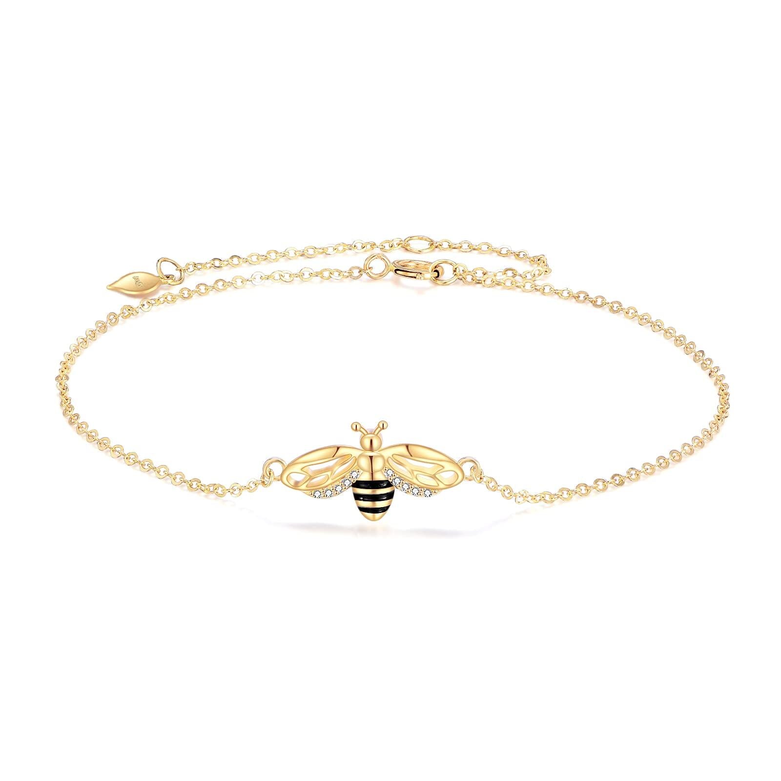 14K Gold Cubic Zirconia Bees Charm Bracelet