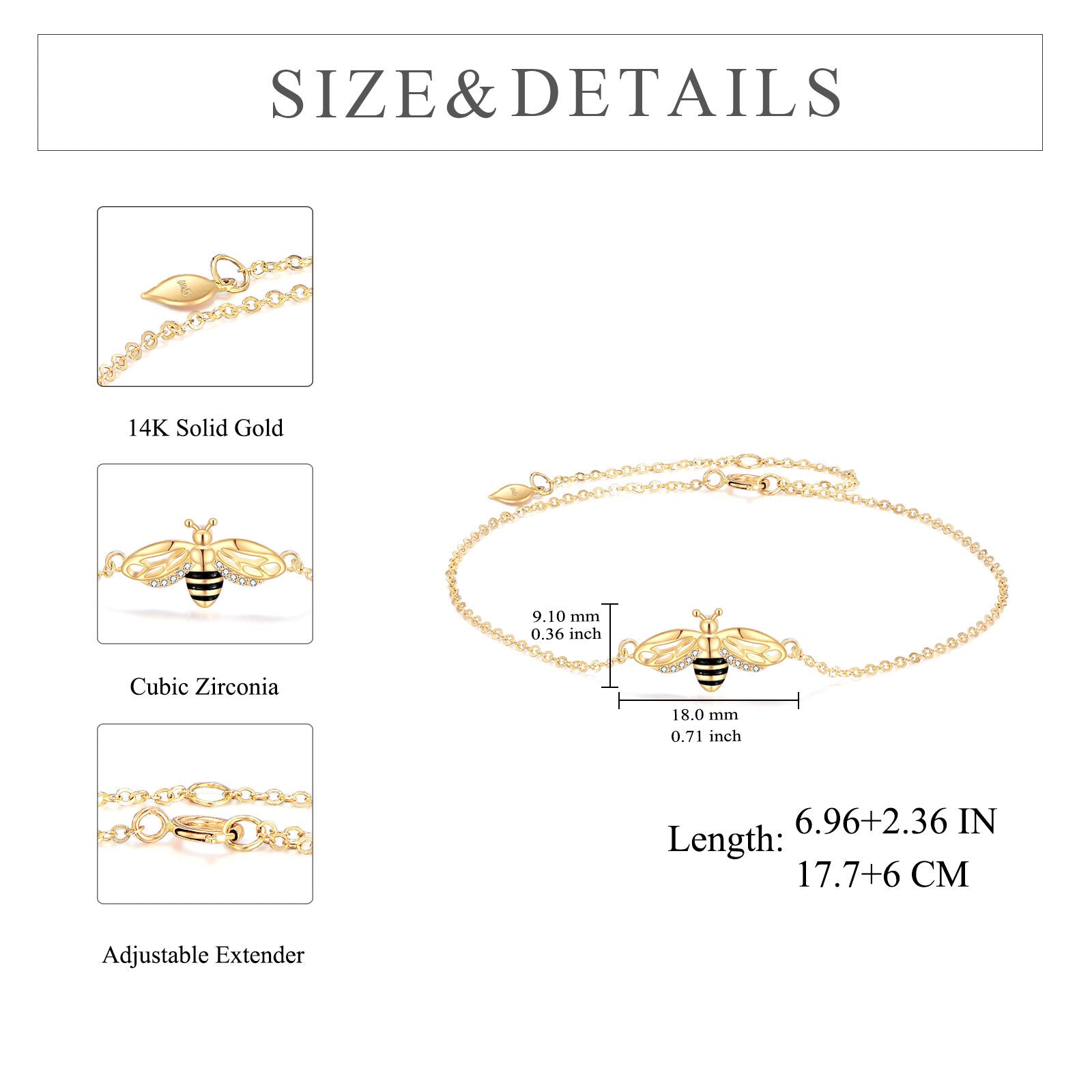 14K Gold Cubic Zirconia Bees Charm Bracelet