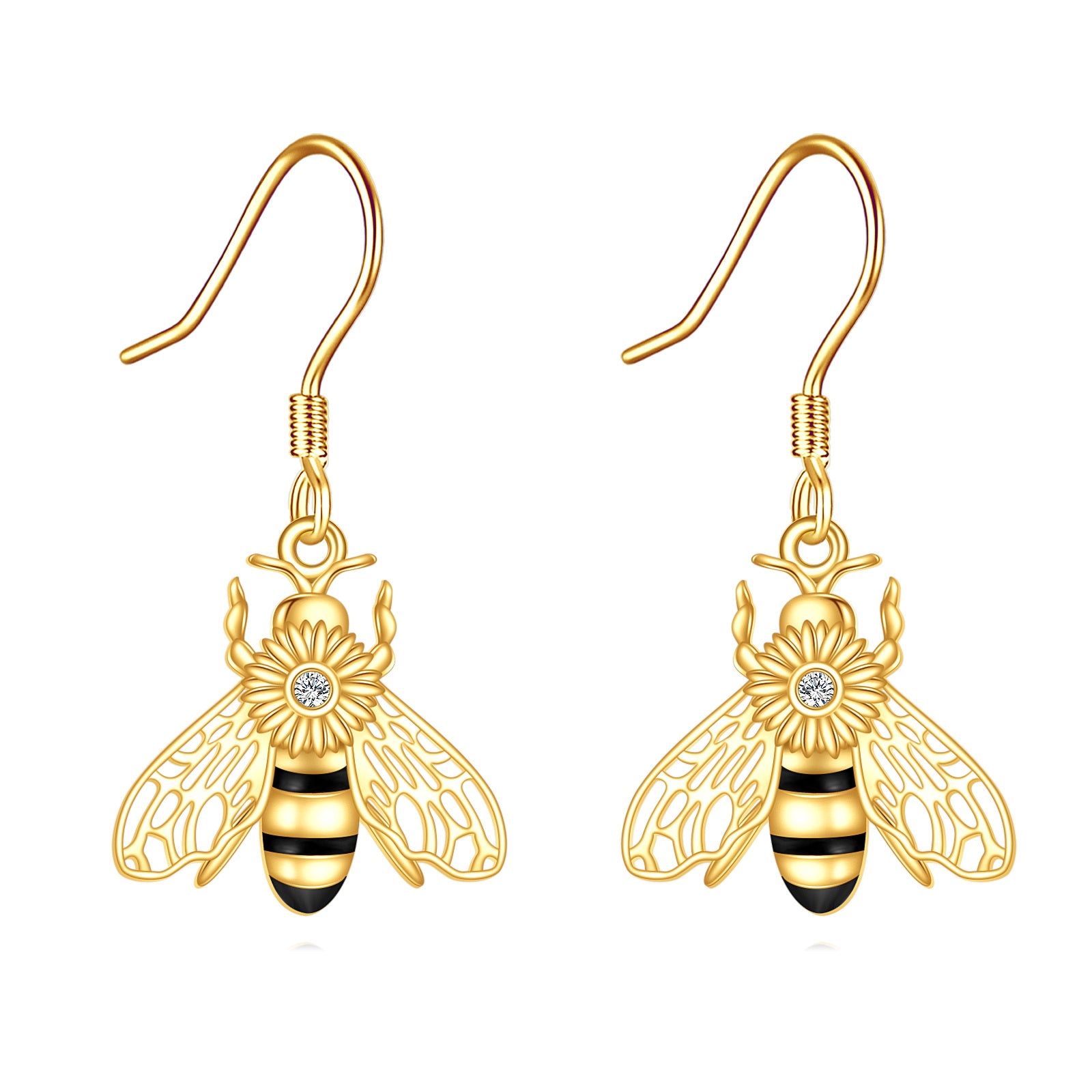 14K Gold & Black Cubic Zirconia Bee Drop Earrings for Women
