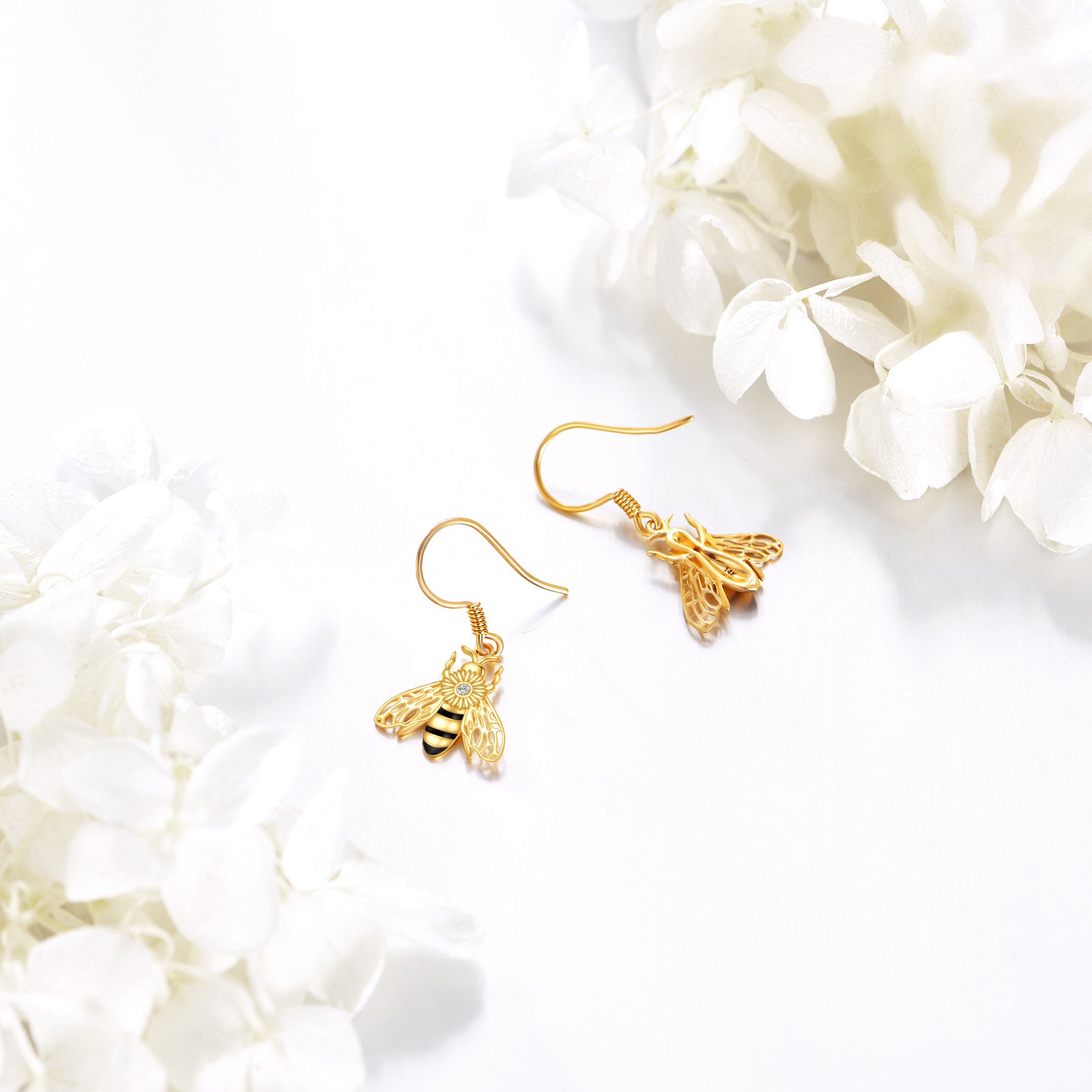 14K Gold & Black Cubic Zirconia Bee Drop Earrings for Women