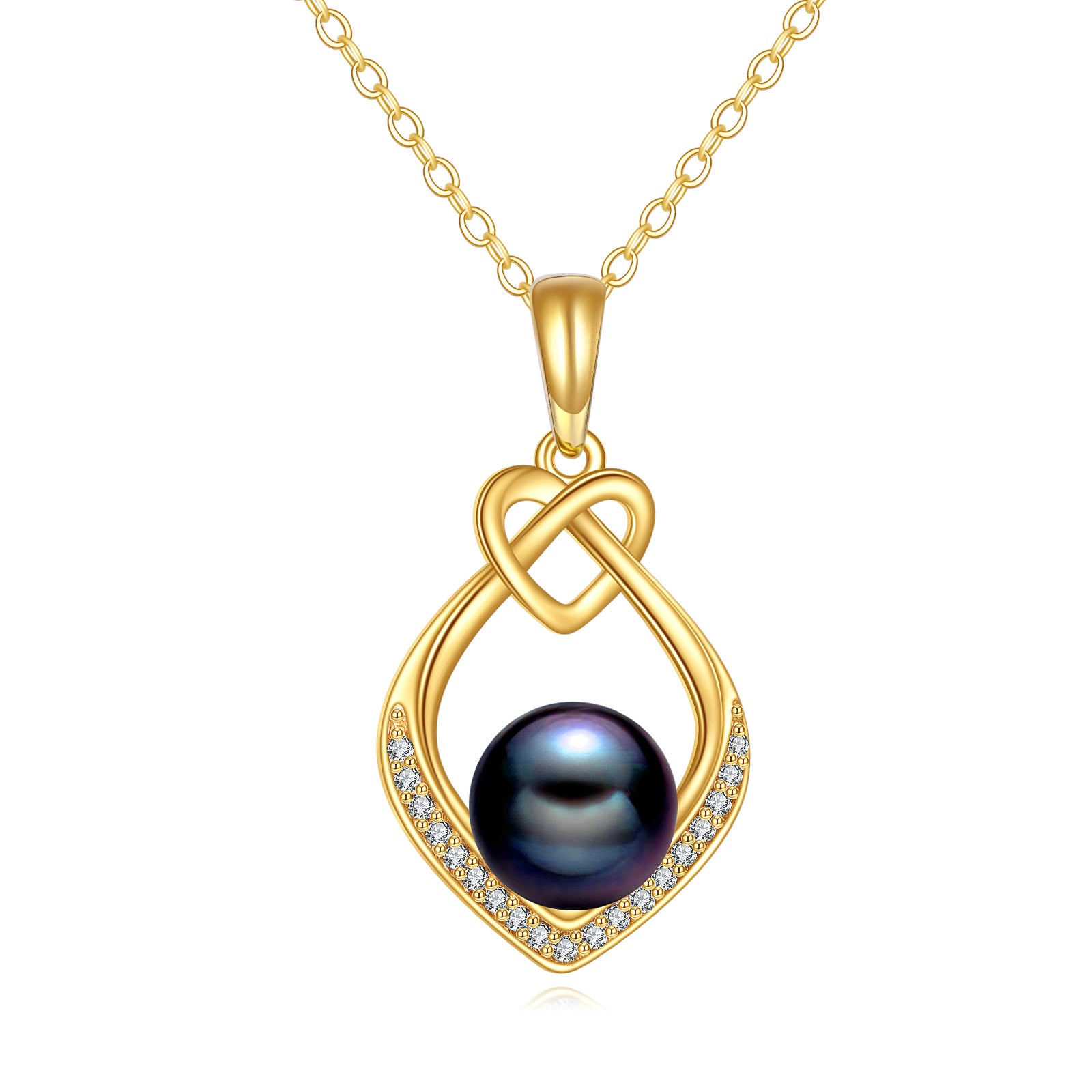 14K Gold Cubic Zirconia &Black Freshwater Pearls Heart Pendant Necklace