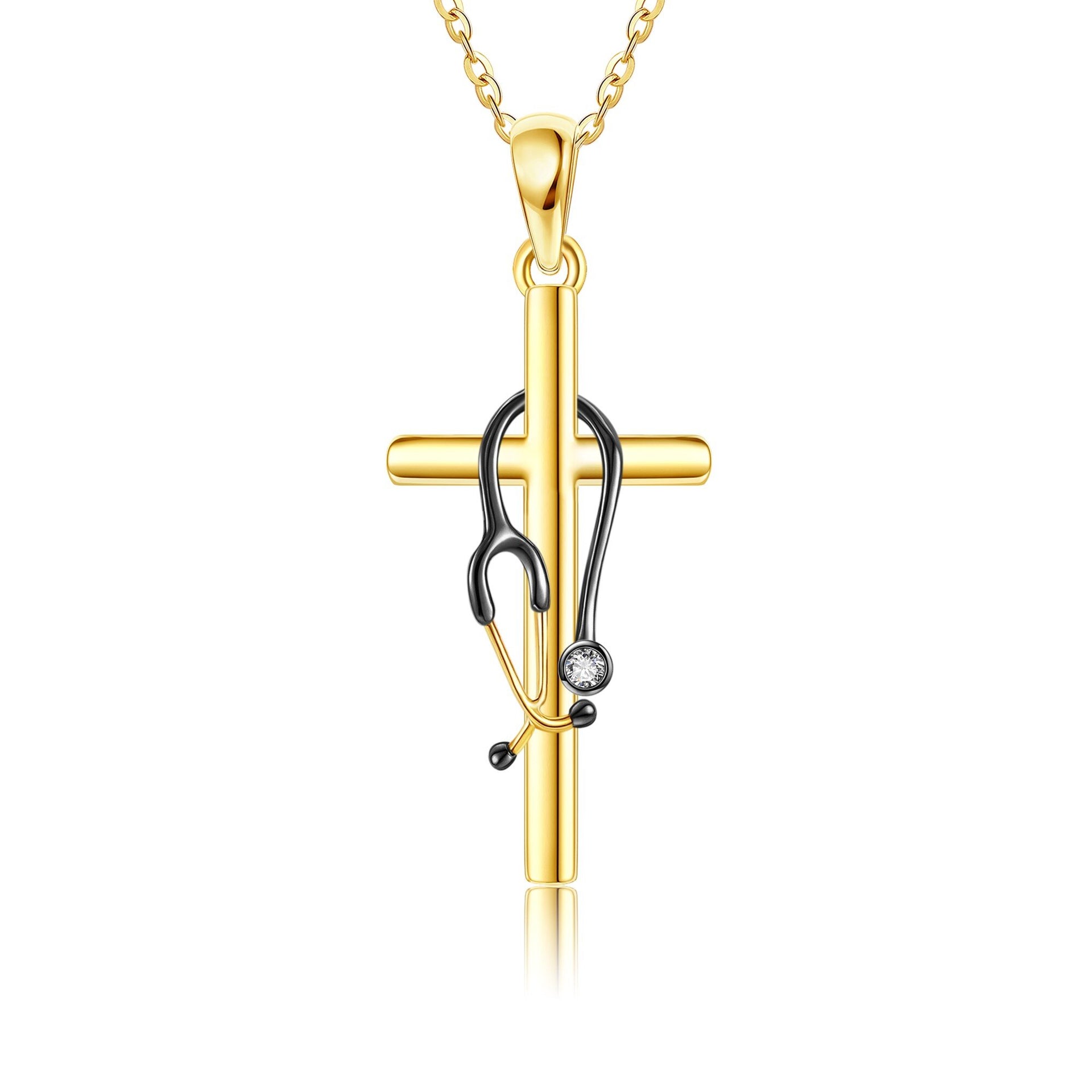 14K Gold & Black Cubic Zirconia Stethoscope Pendant Necklace