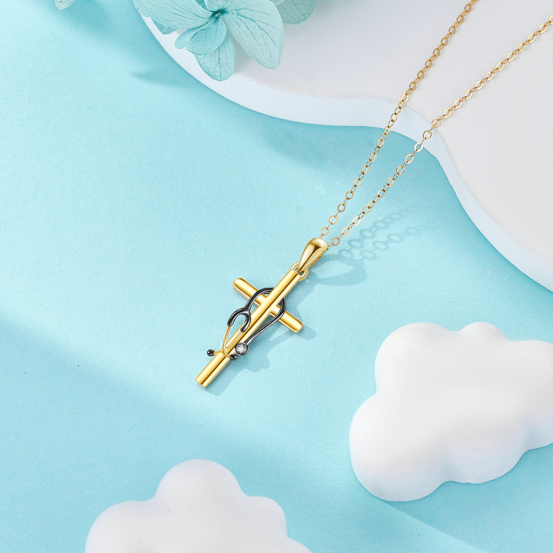 14K Gold & Black Cubic Zirconia Stethoscope Pendant Necklace