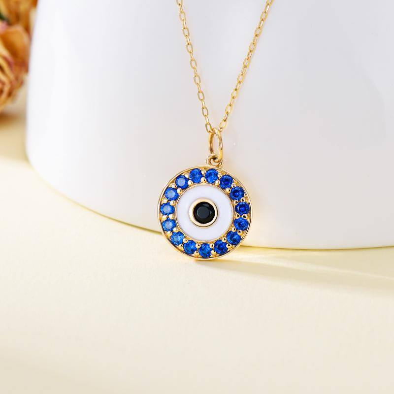 14K Gold Cubic Blue Zirconia Evil Eye Pendant Necklace