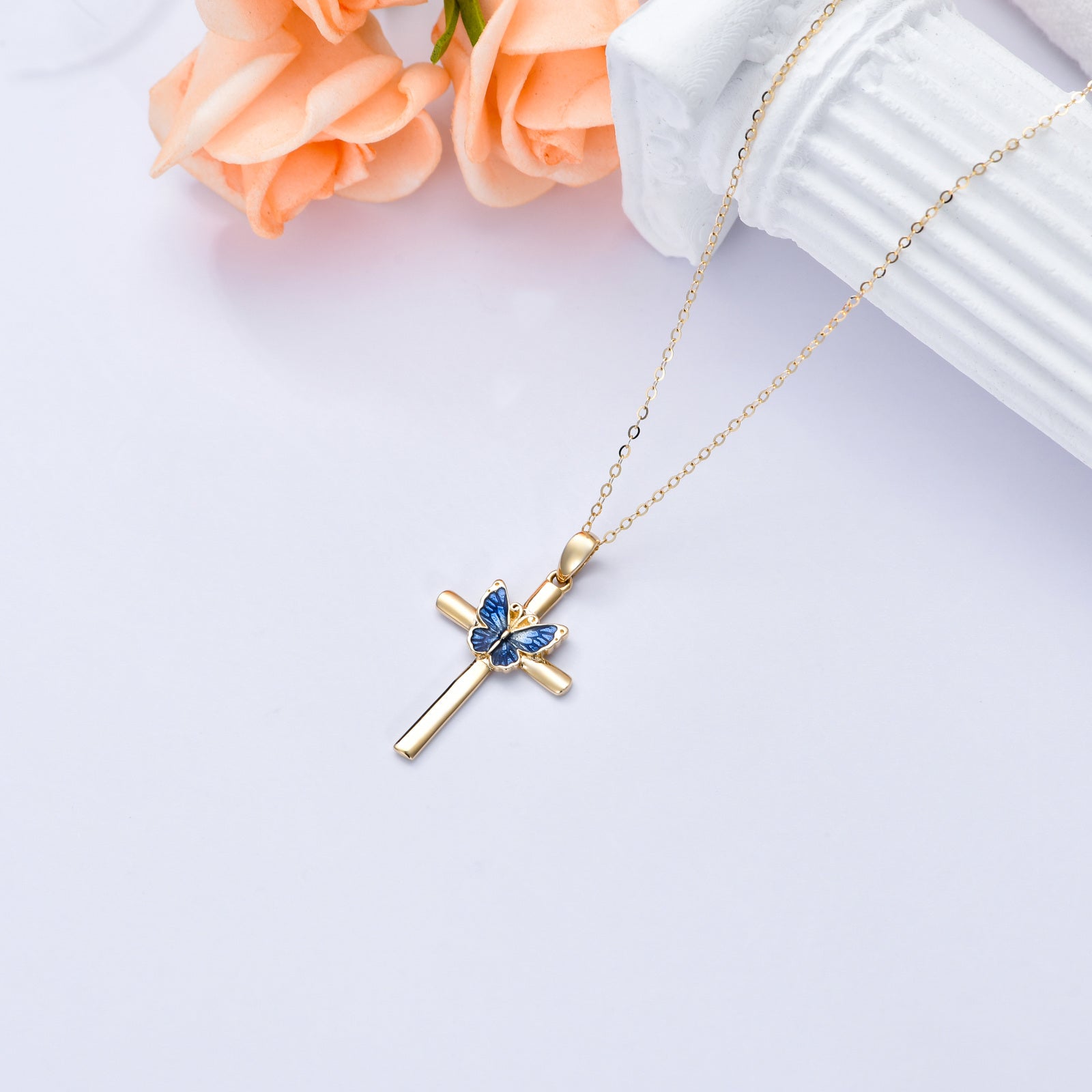14K Gold Blue Glaze Butterfly Cross Pendant Necklace