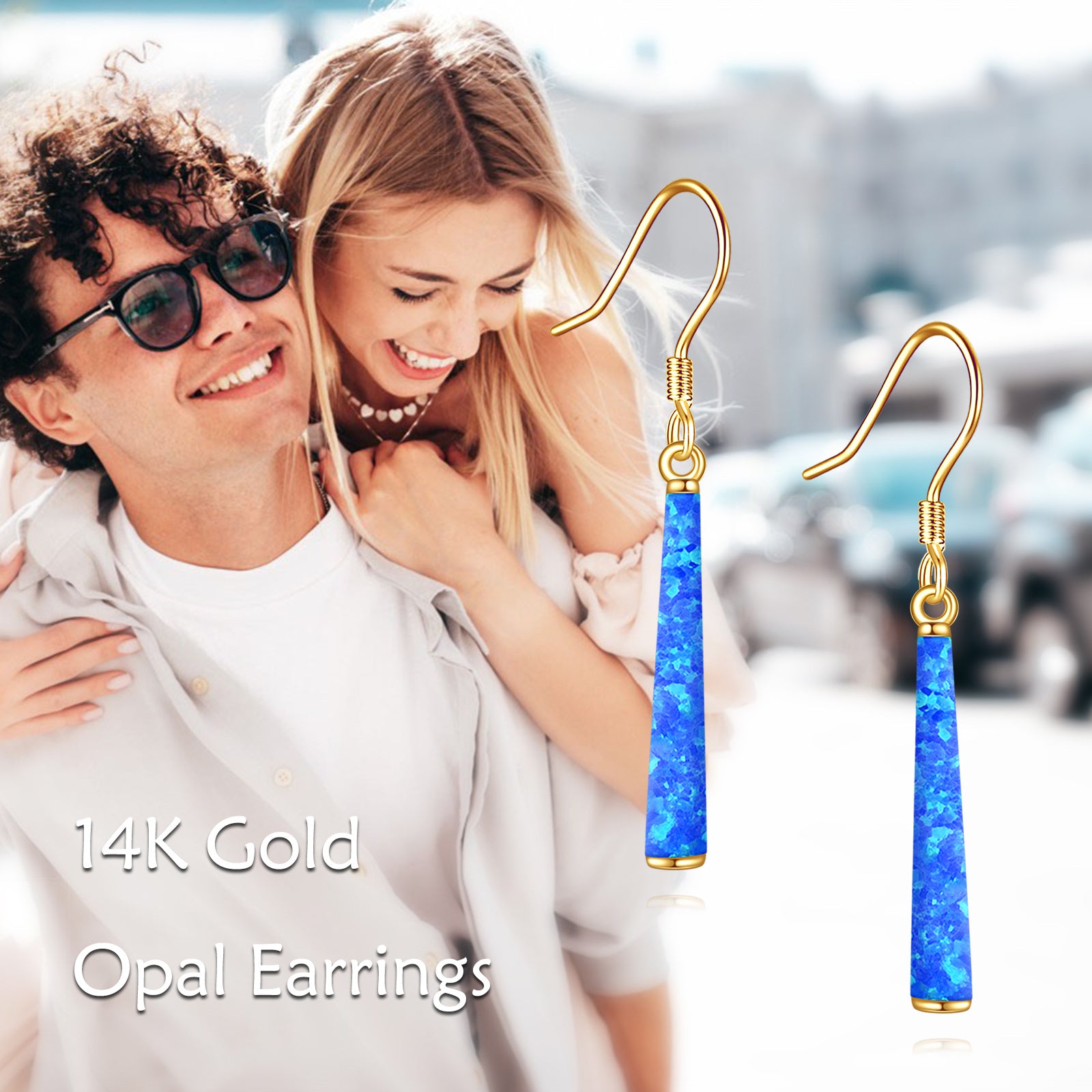 14K Gold Blue Opal Bar Drop Earrings
