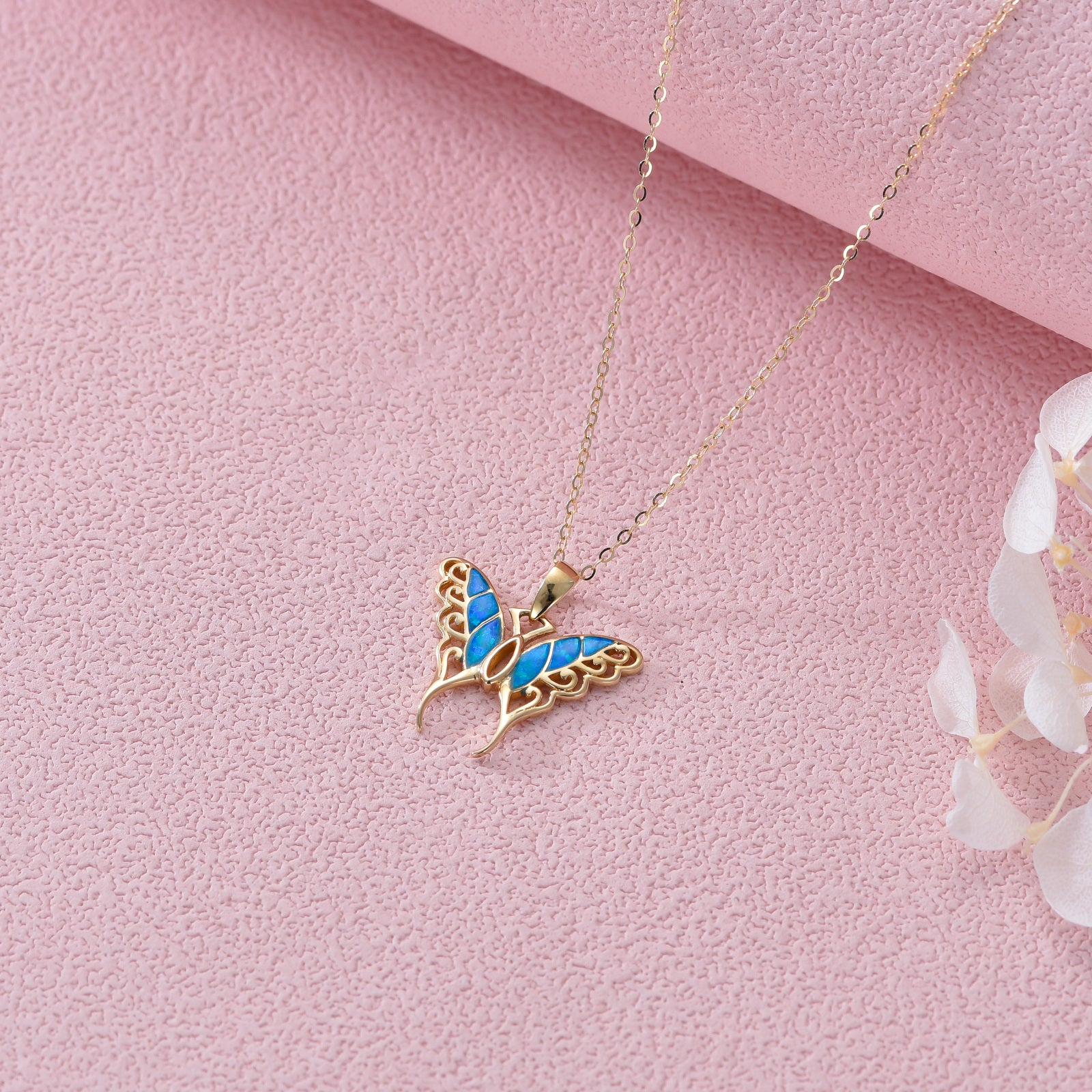 14K Gold Blue Opal Butterfly Pendant Necklace Gift for Her