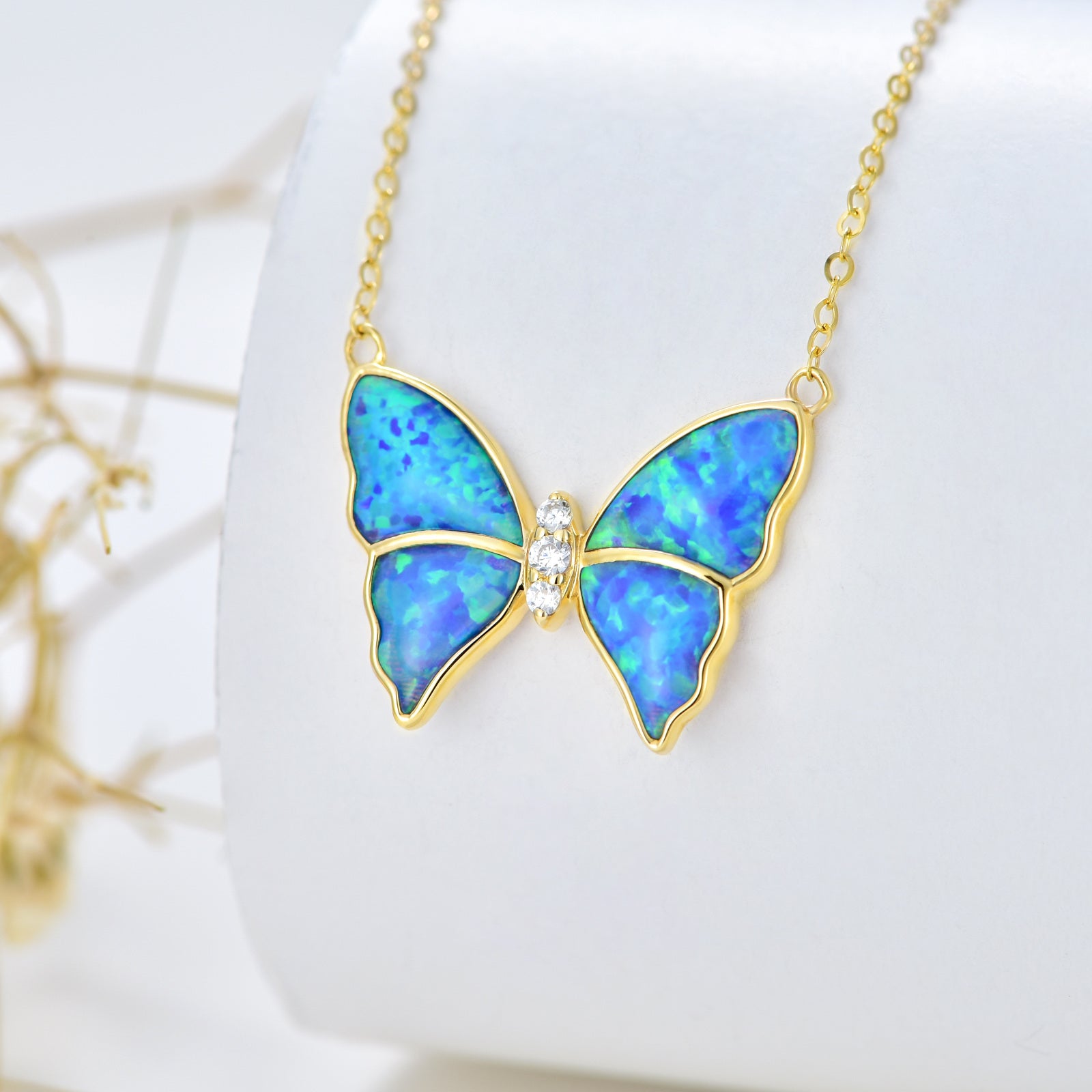 14K Gold Blue Opal Butterfly Pendant Necklace