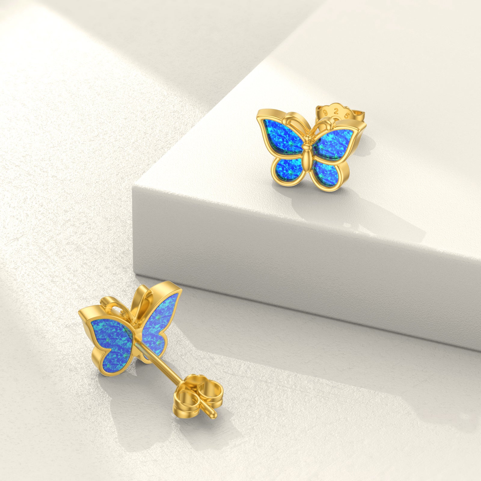 Sterling Silver with Yellow Gold Plated Opal Butterfly Stud Earrings