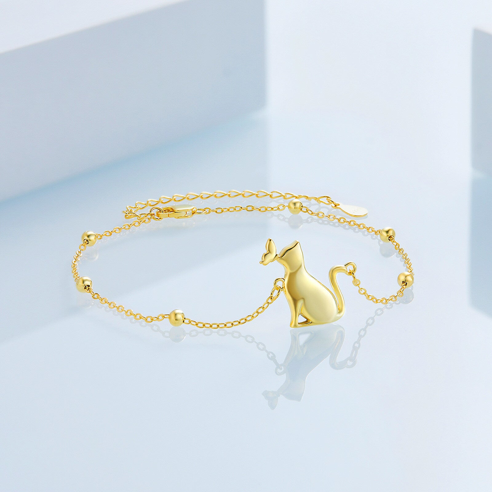 Sterling Silver with Yellow Gold Plated Butterfly & Cat Charm Bracelet