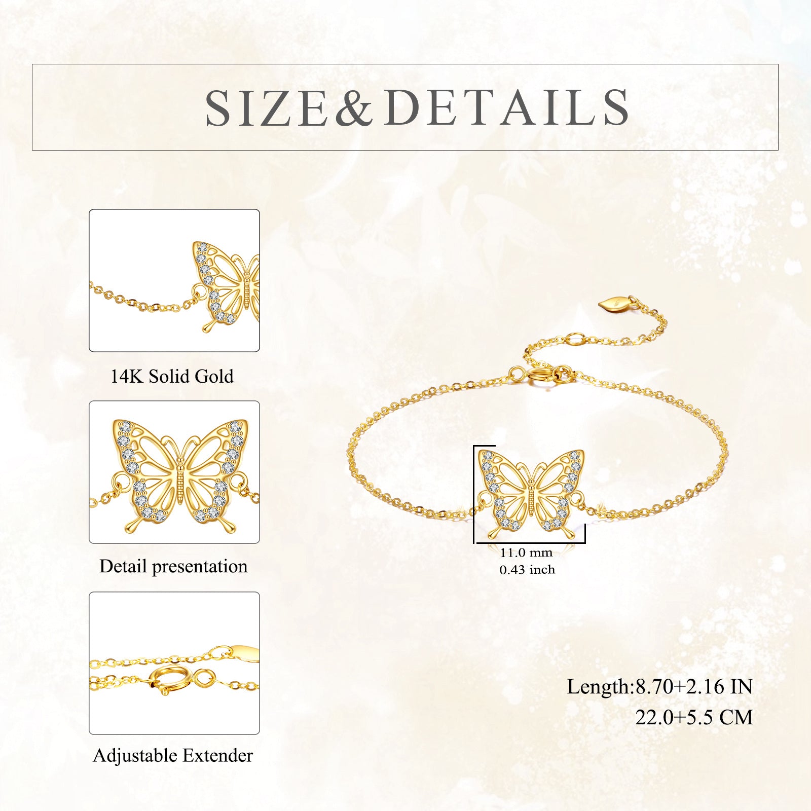 14K Gold Cubic Zirconia Butterfly Charm Bracelet